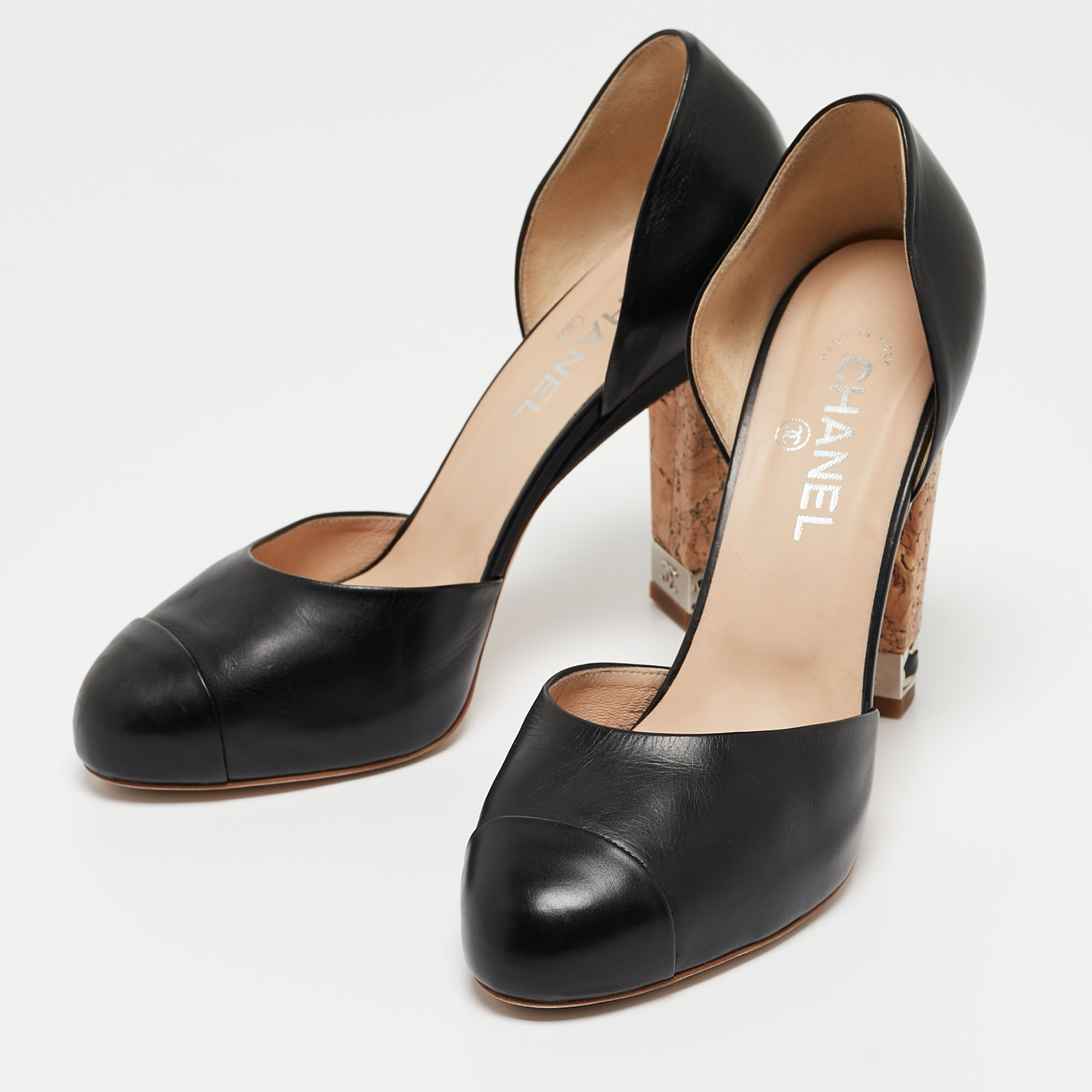

Chanel Black Leather Cork Heel Pumps Size