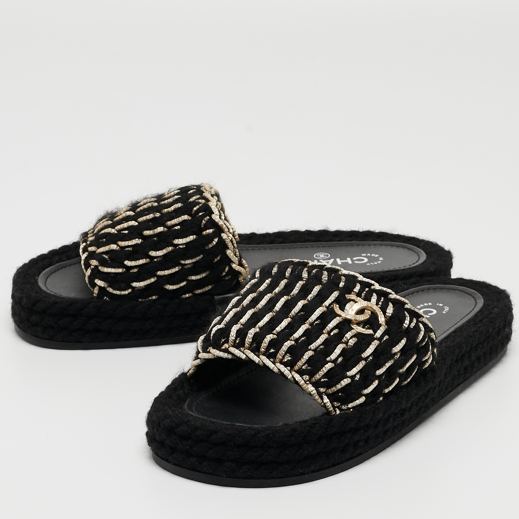 

Chanel Black Braided Tweed and Leather CC Flat Slides Size