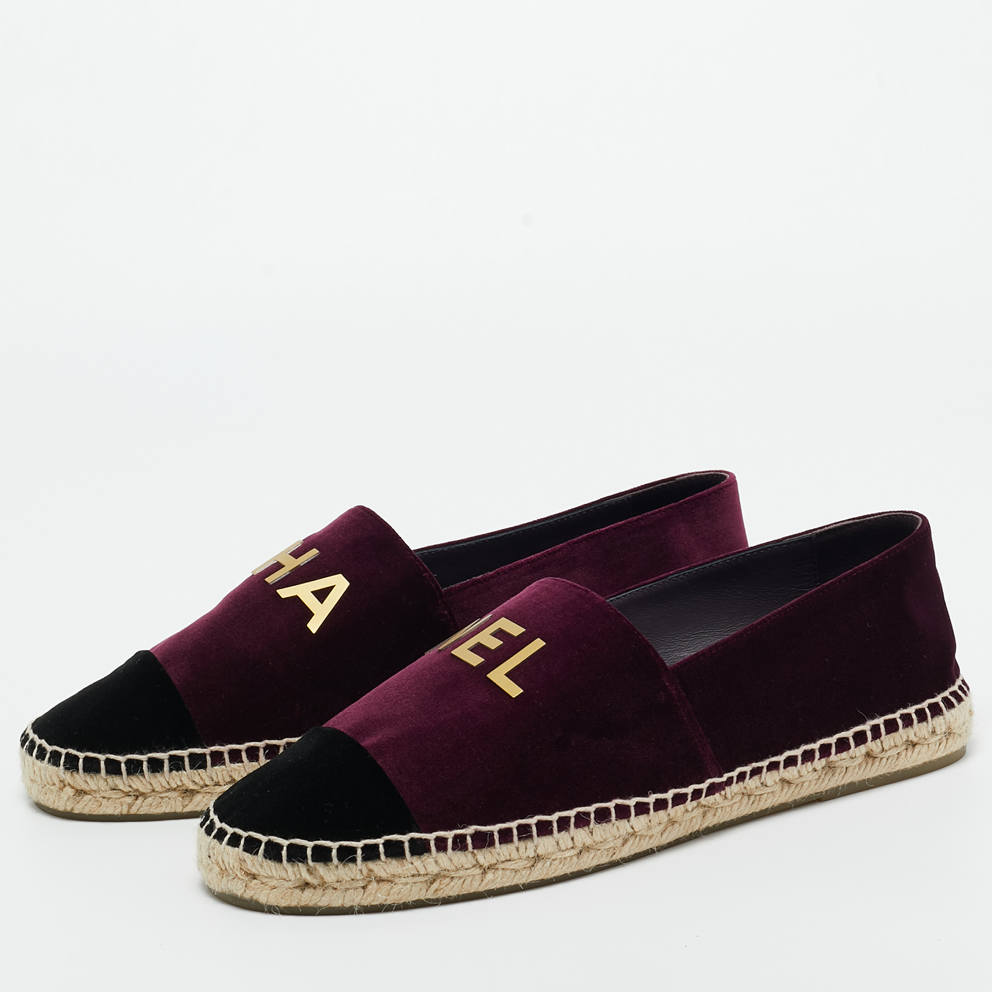 

Chanel Plum/Black Velvet Logo Detail Cap Toe Espadrille Flats Size, Purple