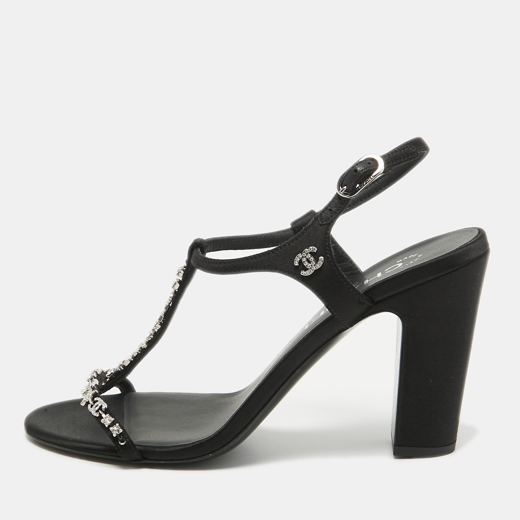Chanel Black  Satin Crystal Embellished CC Logo Sandals Size 37