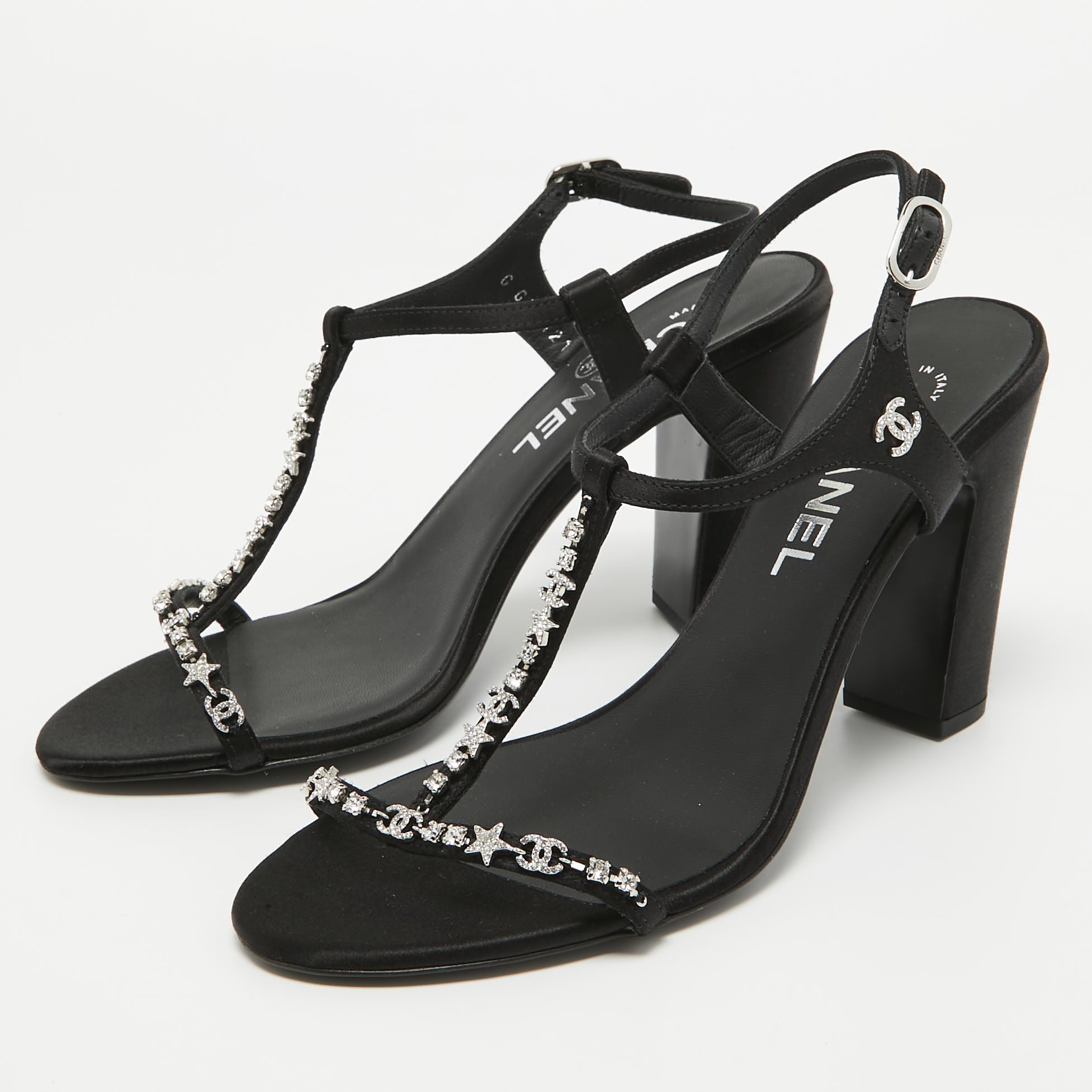 

Chanel Black Satin Crystal Embellished CC Logo Sandals Size