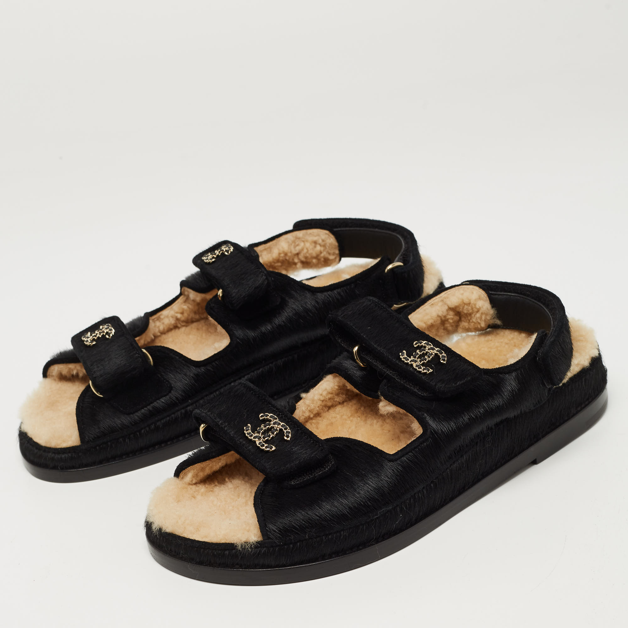 

Chanel Black Calf Hair CC Dad Sandals Size