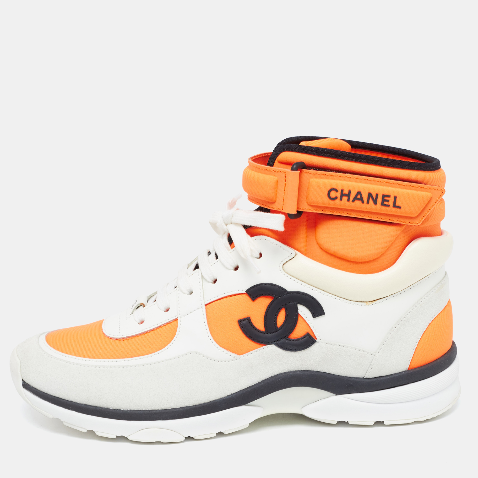 

Chanel Neon Orange/White Neoprene and Leather CC High Top Sneakers Size