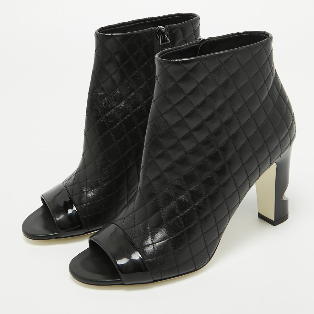 

Chanel Black Quilted Leather and Patent Open Toe Ankle Booties Size