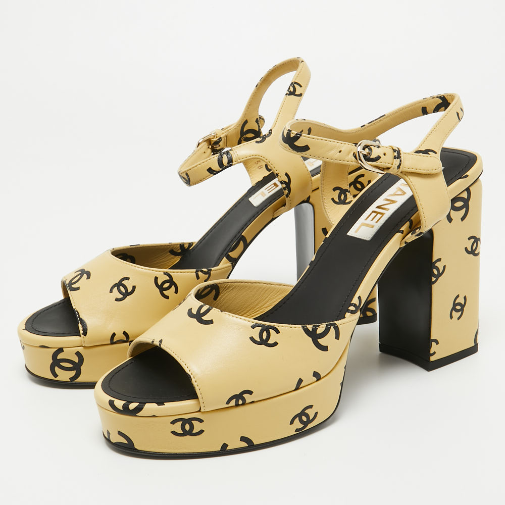 

Chanel Yellow Leather CC Logo Ankle Strap Sandals Size