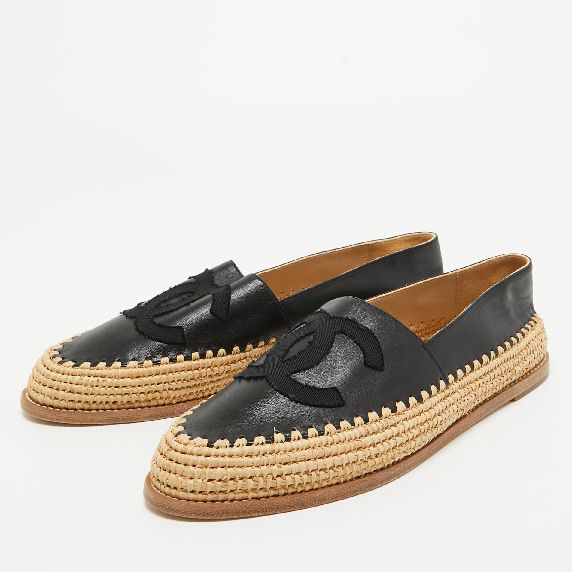 

Chanel Black Leather CC Raffia Espadrille Flats Size