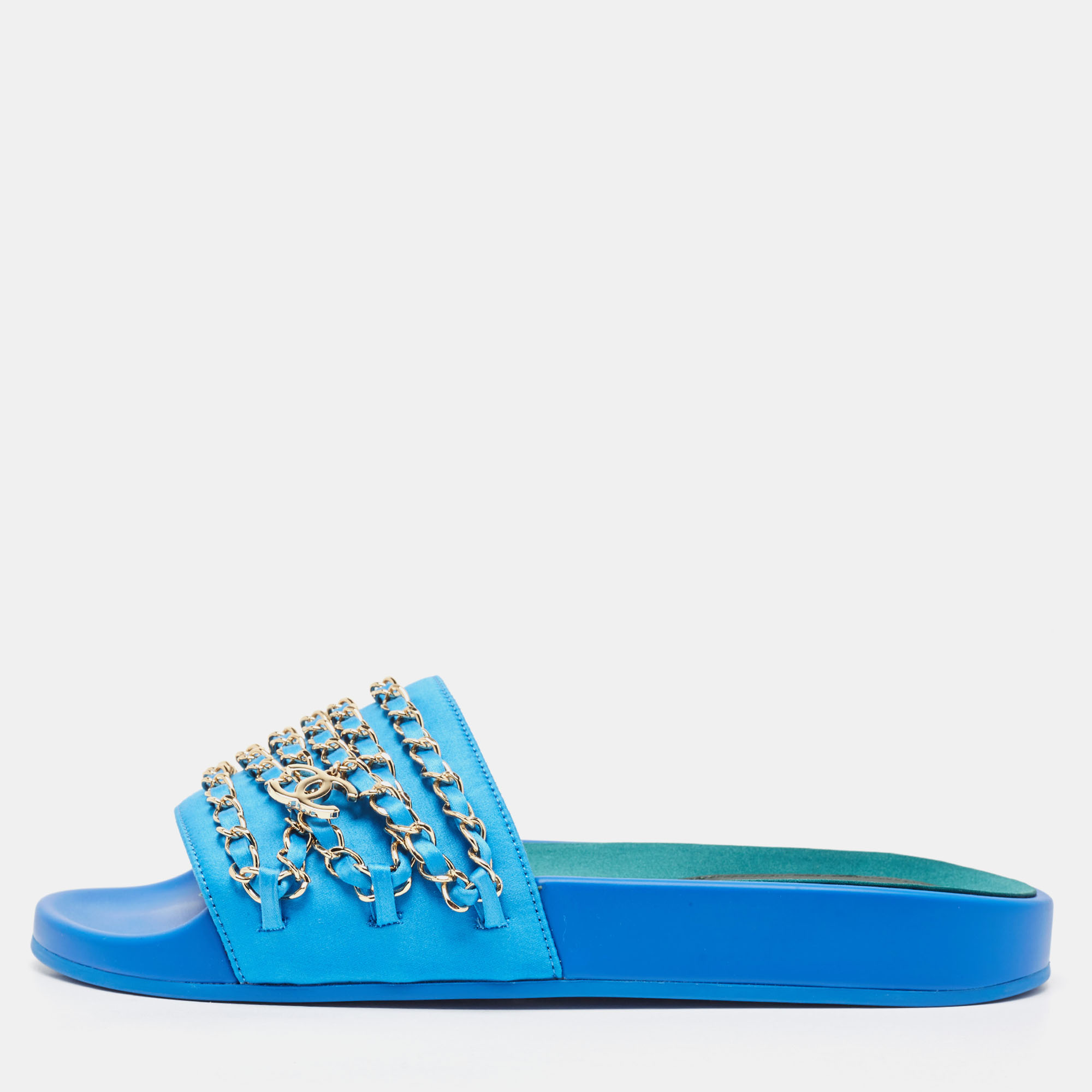 Pre-owned Chanel Blue Satin Tropiconic Chain Detail Flat Slides Size 38