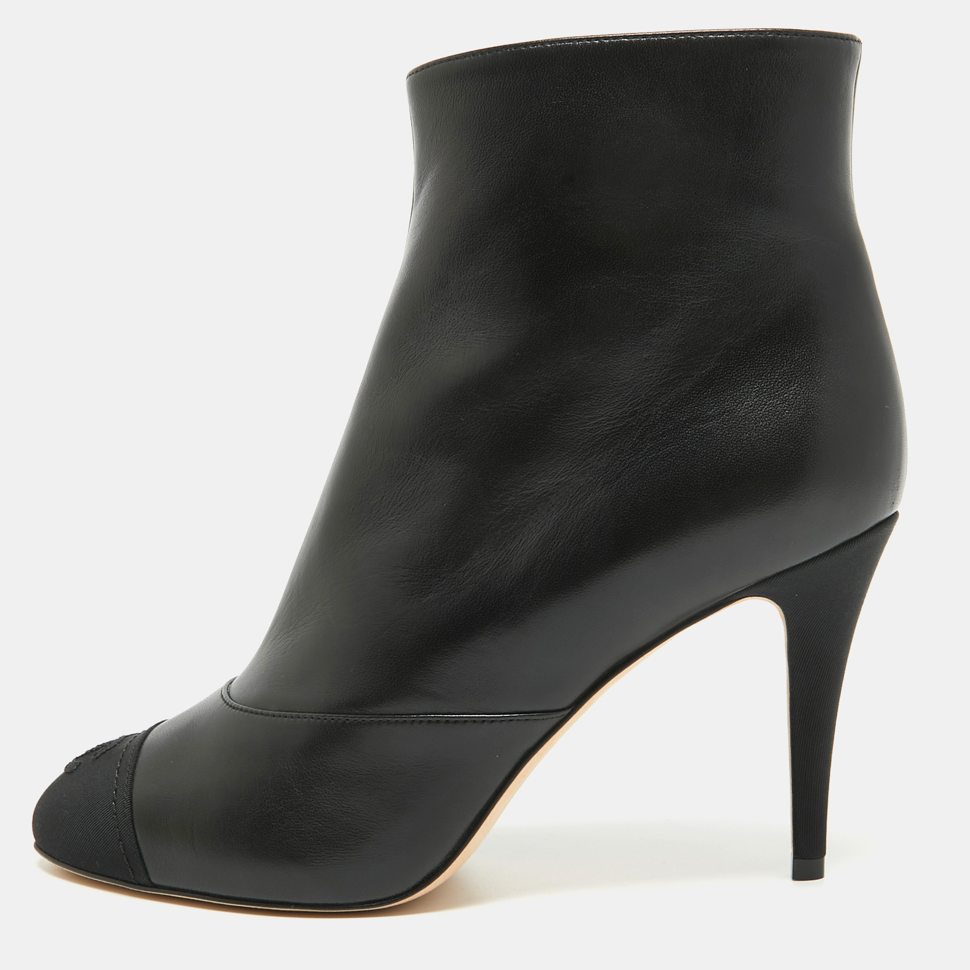 

Chanel Black Leather and CC Fabric Cap Toe Ankle Booties Size