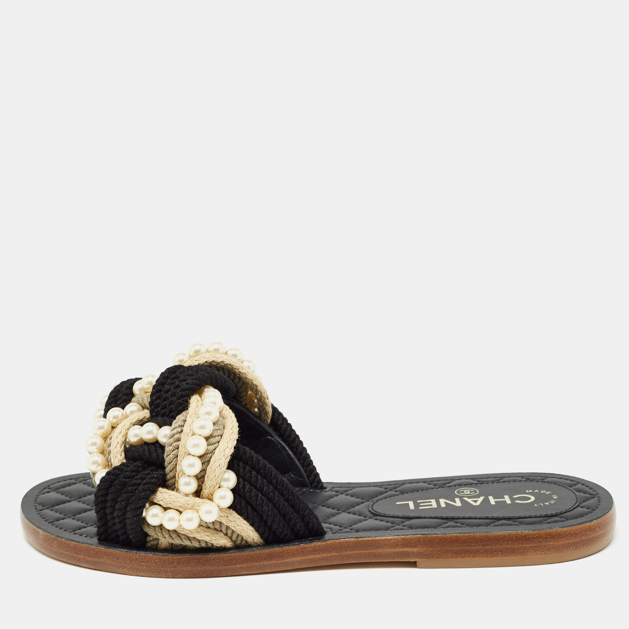 

Chanel Black/Cream Tweed and Faux Pearl Cuba Flat Slides Size, Multicolor