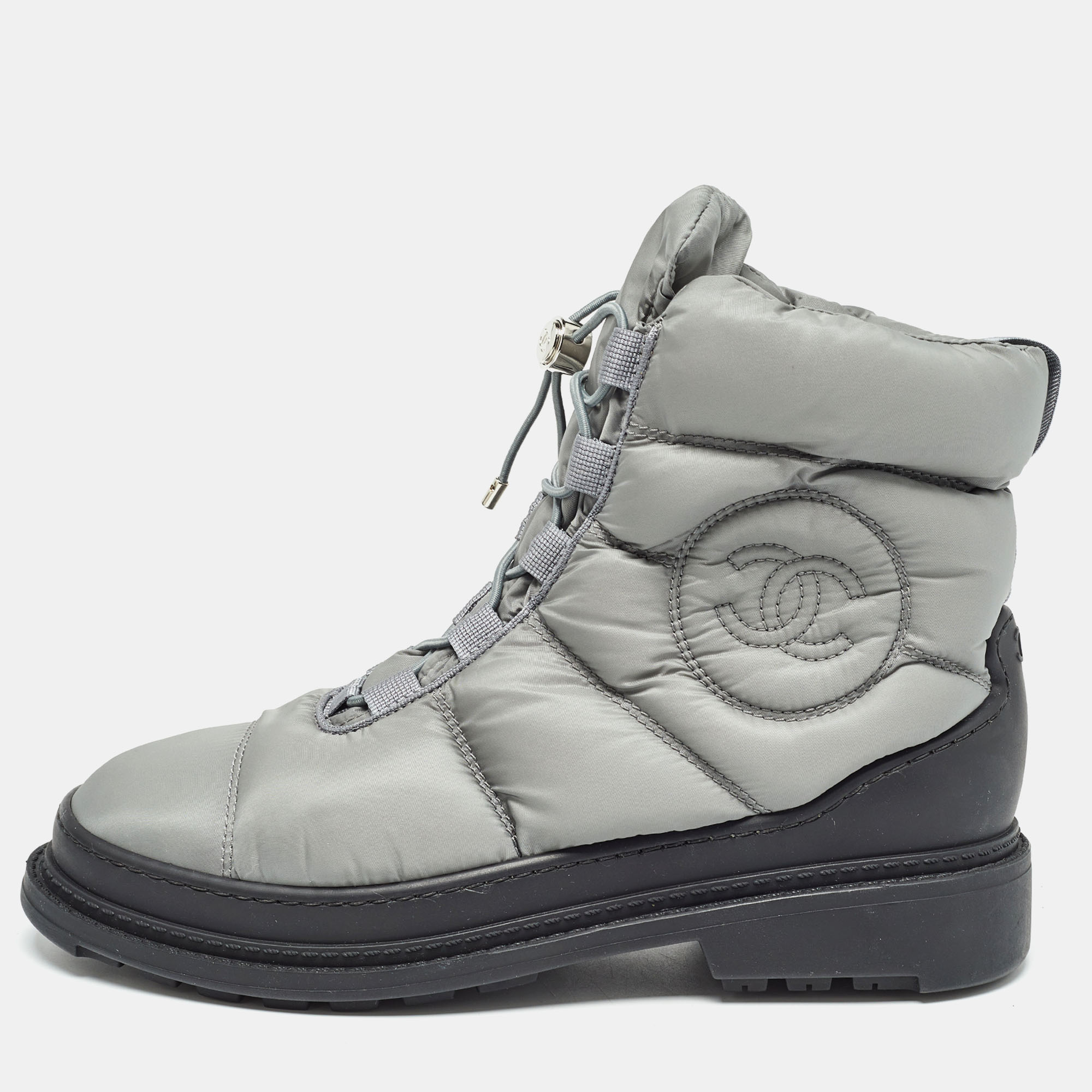 Chanel Grey Nylon Snow Ankle Boots Size 37.5