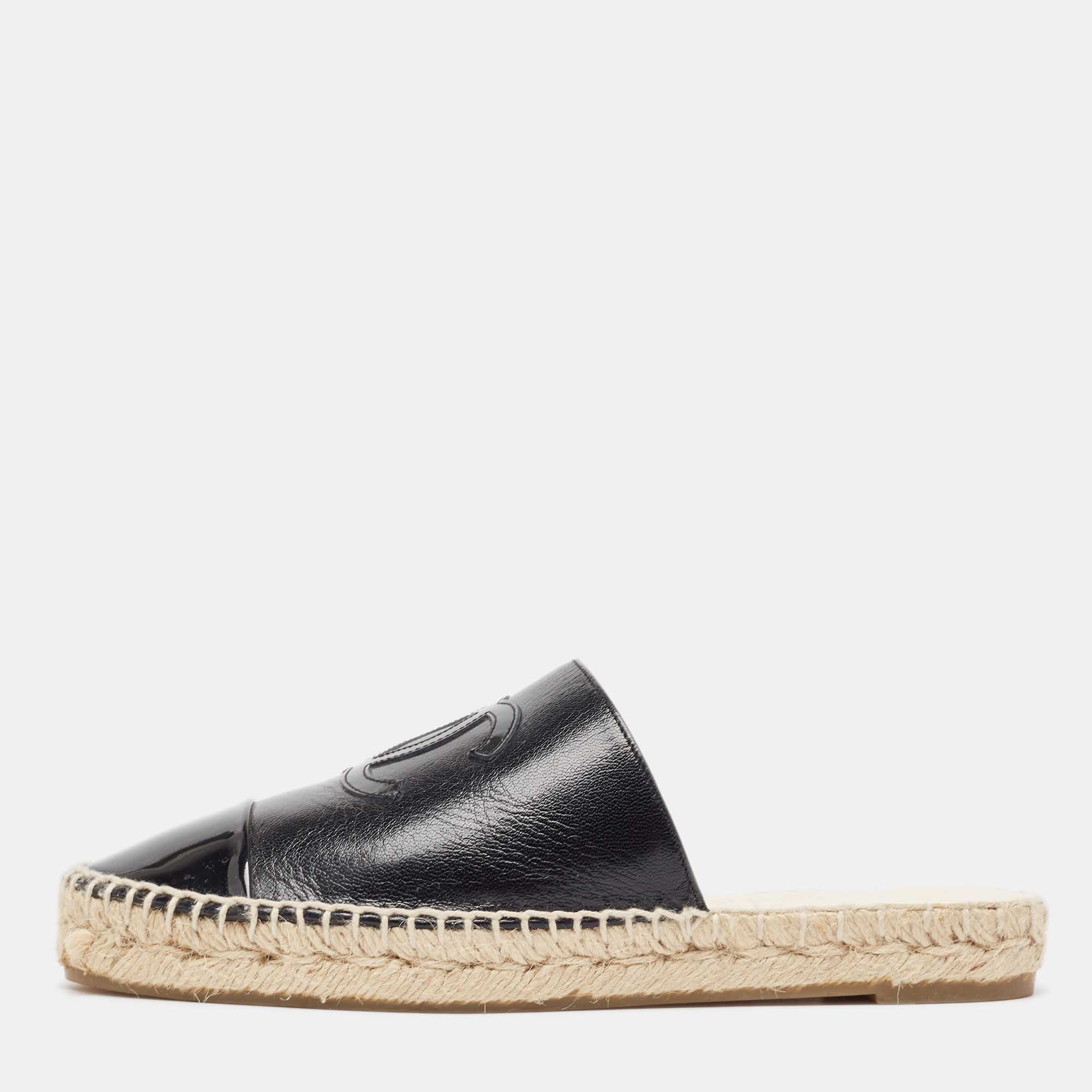 

Chanel Black Leather and Patent CC Espadrille Flat Mules Size
