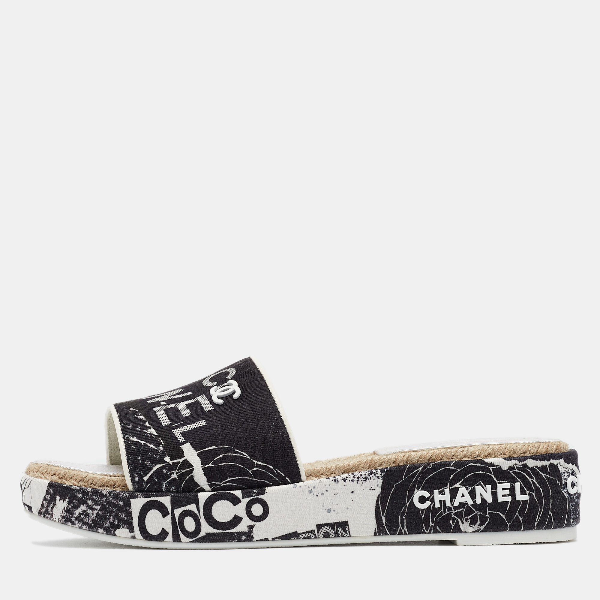 Pre-owned Chanel Black Canvas Interlocking Cc Logo Slides Size 41
