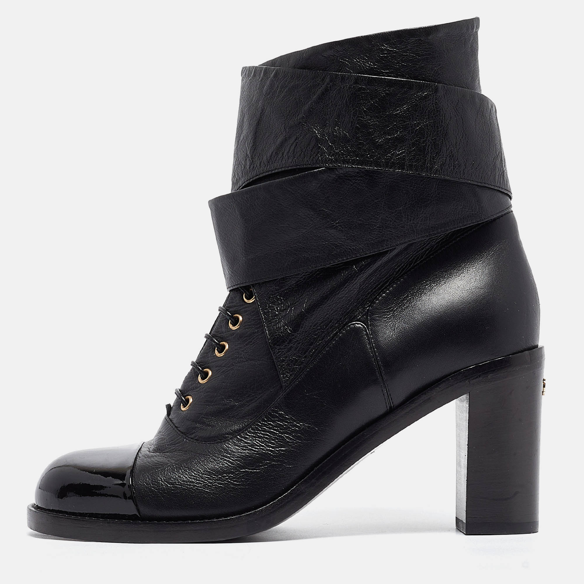 

Chanel Black Leather CC Block Heel Ankle Wrap Boots Size