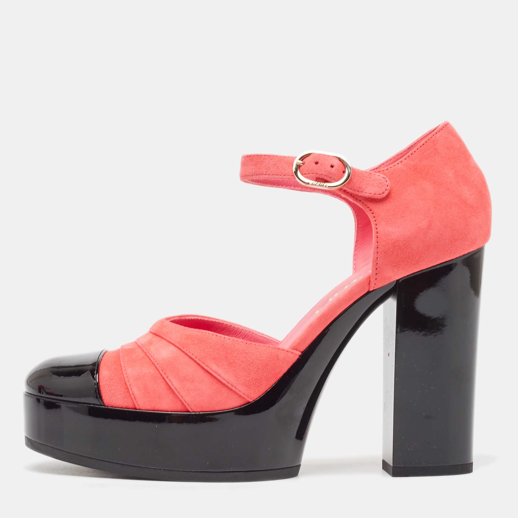 

Chanel Pink/Black Suede and Patent Leather CC Platform Sandals Size