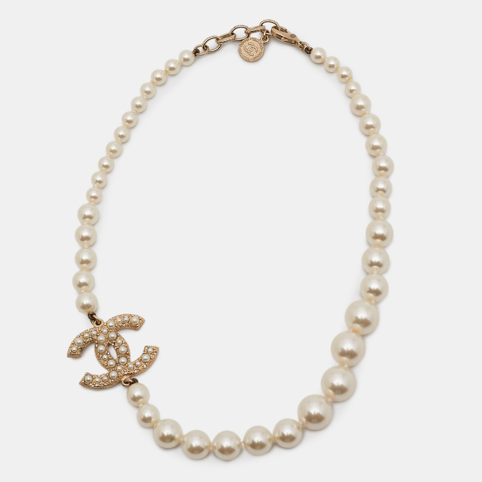 

Chanel CC 100th Anniversary Faux Pearl Crystal Gold Tone Necklace