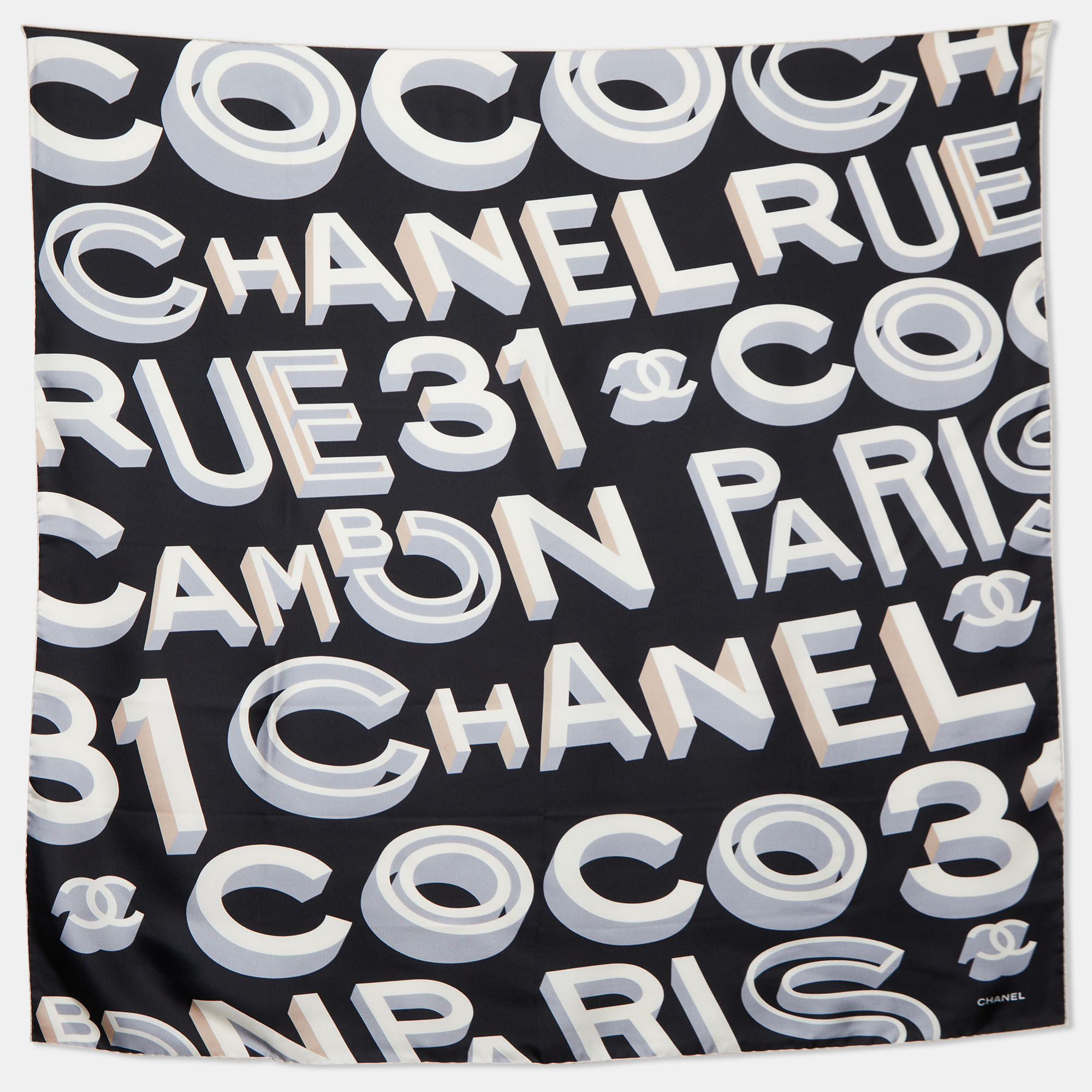 

Chanel Black Coco Logo Print Silk Scarf