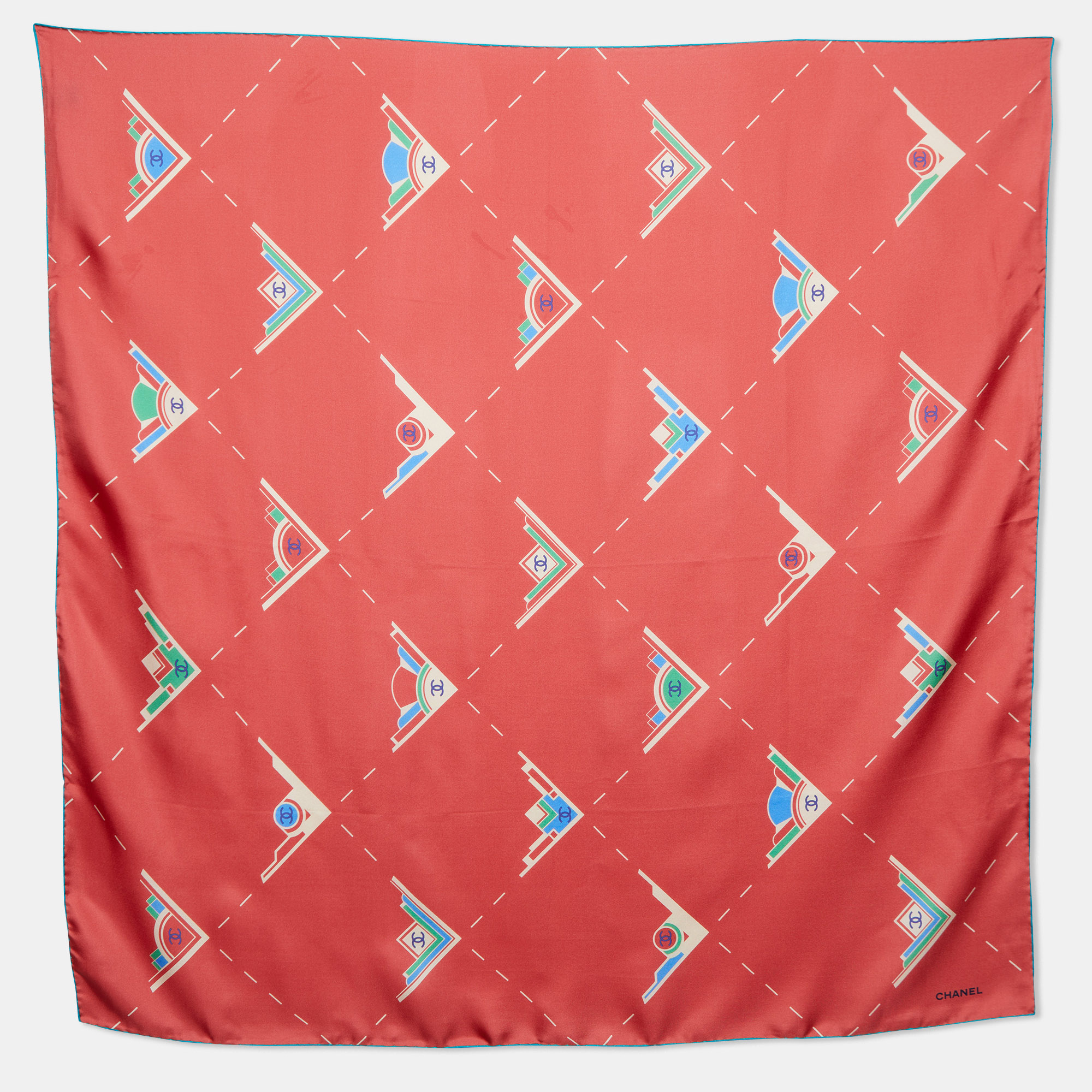 

Chanel Coral Red CC Geometric Print Silk Scarf