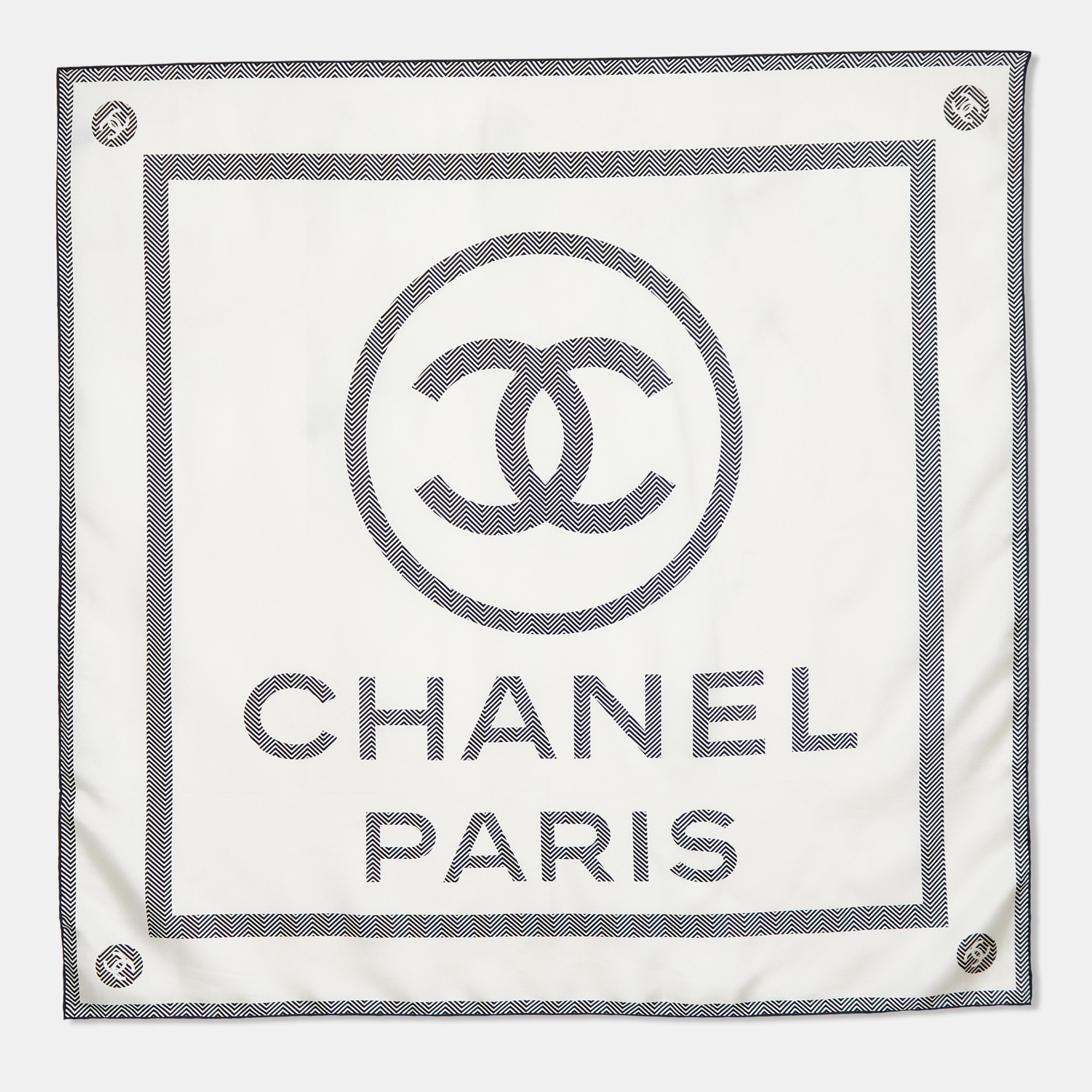 

Chanel Ivory CC Logo Print Silk Scarf, White