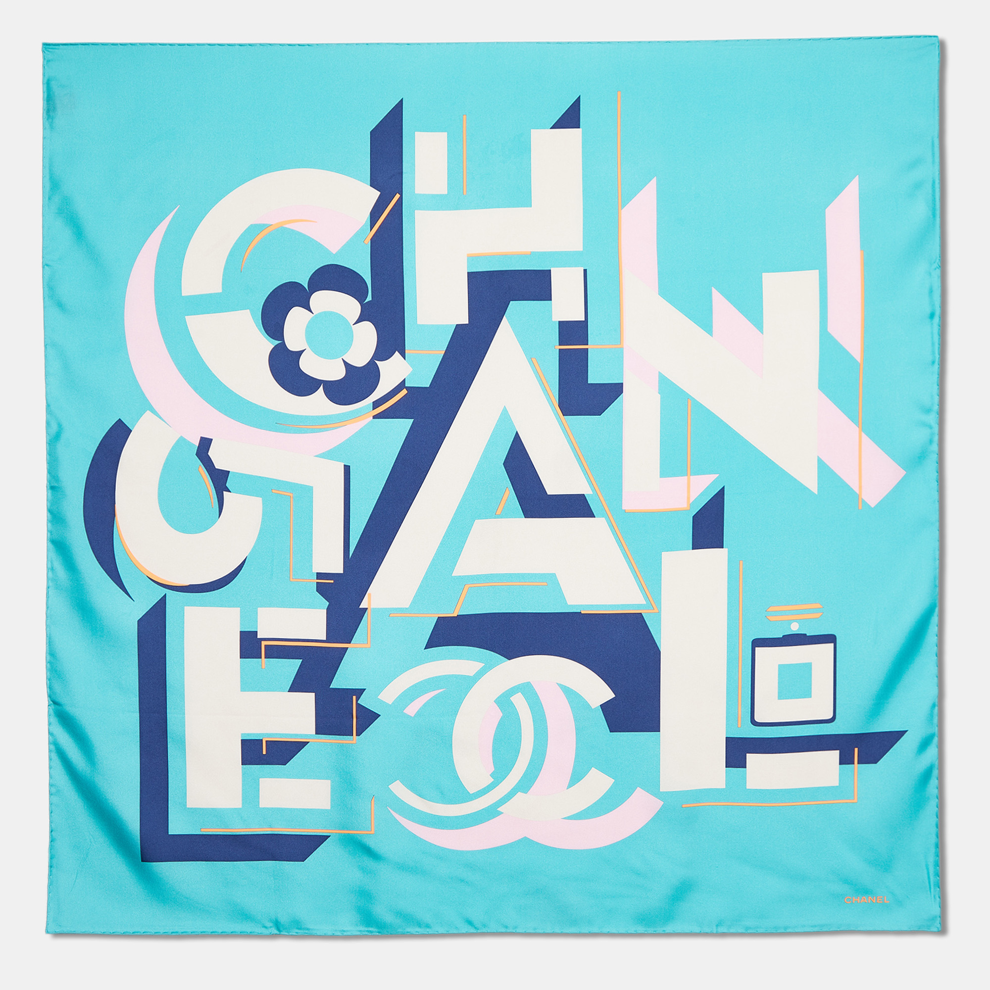 

Chanel Green Logo Print Silk Scarf