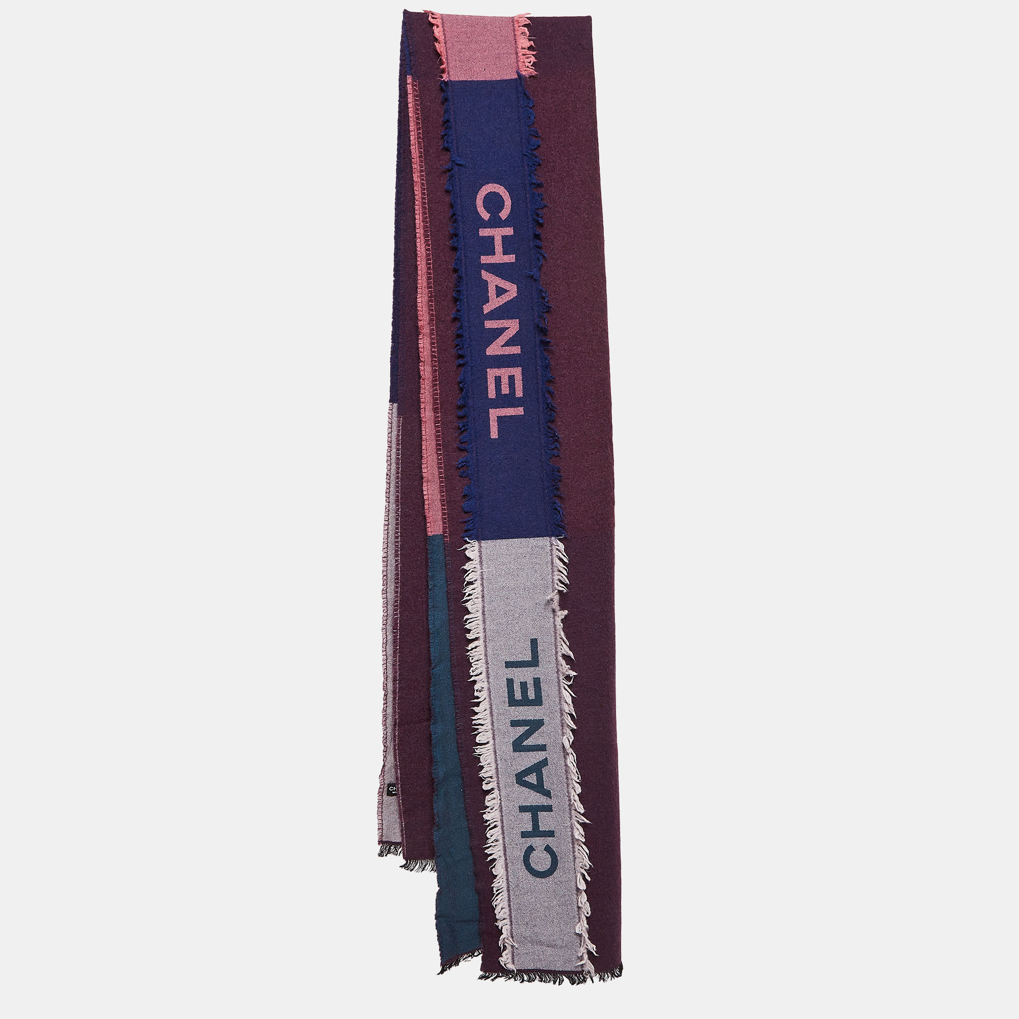 

Chanel Multicolor Logo Pattern Cashmere and Silk Raw Edge Scarf