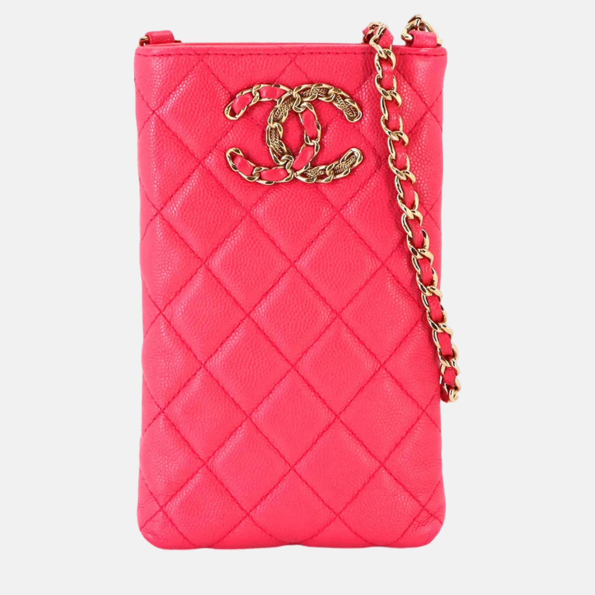 

Chanel Pink Caviar leather French New Wave Phone Holder