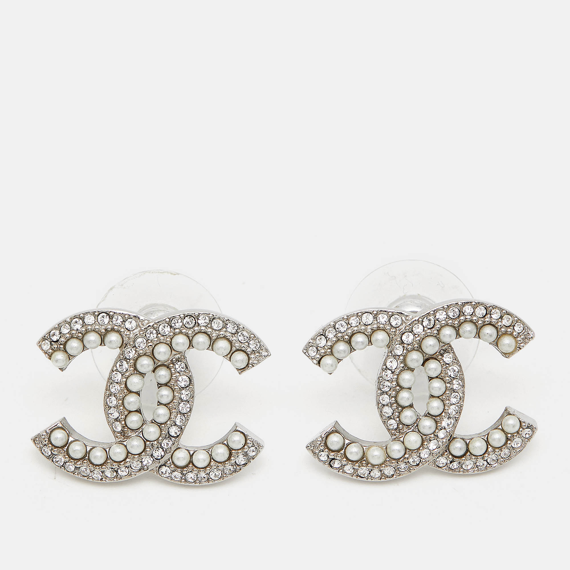 

Chanel CC Crystals Faux Pearl Silver Tone Earrings