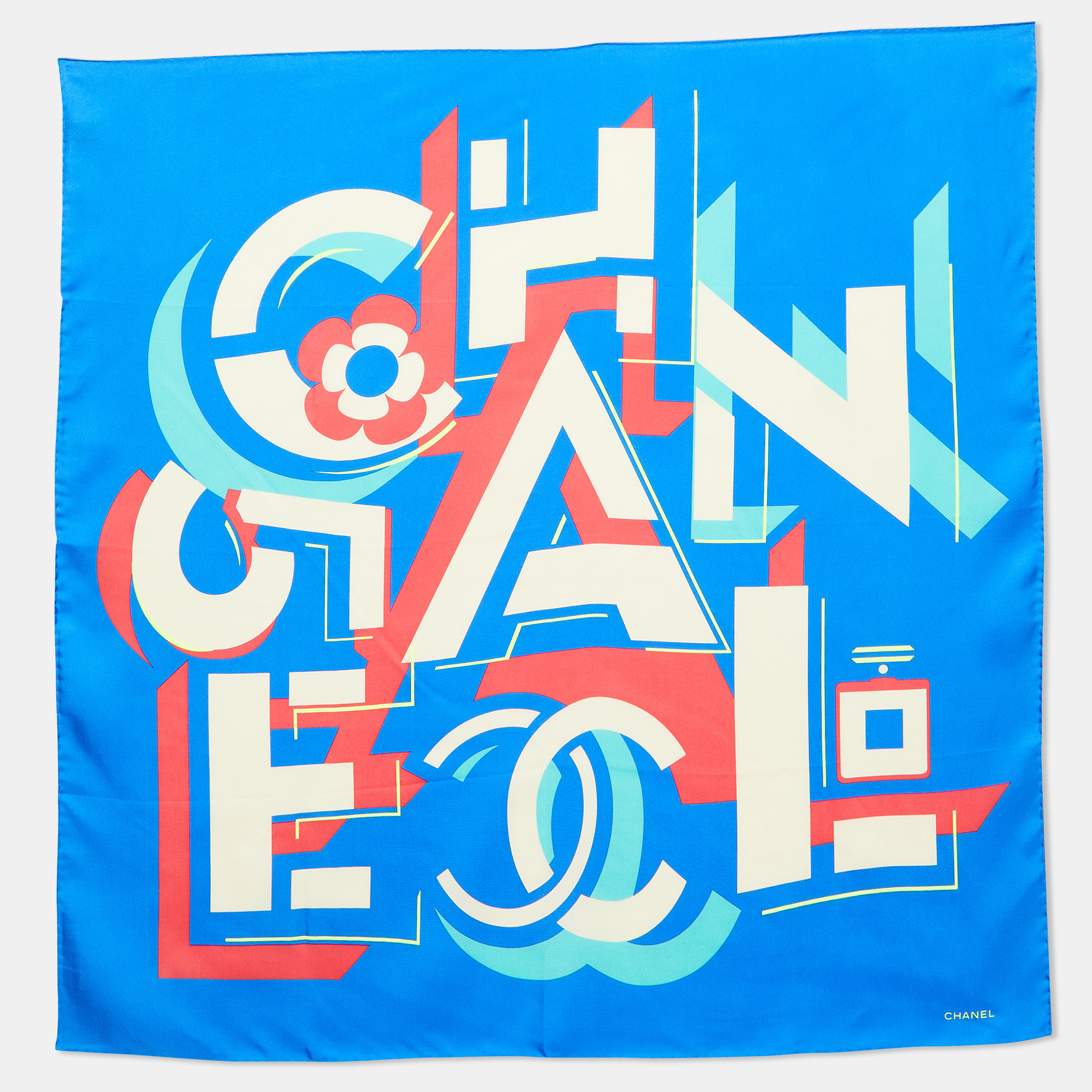 Pre-owned Chanel Blue Geometric Logo Print Silk Scarf