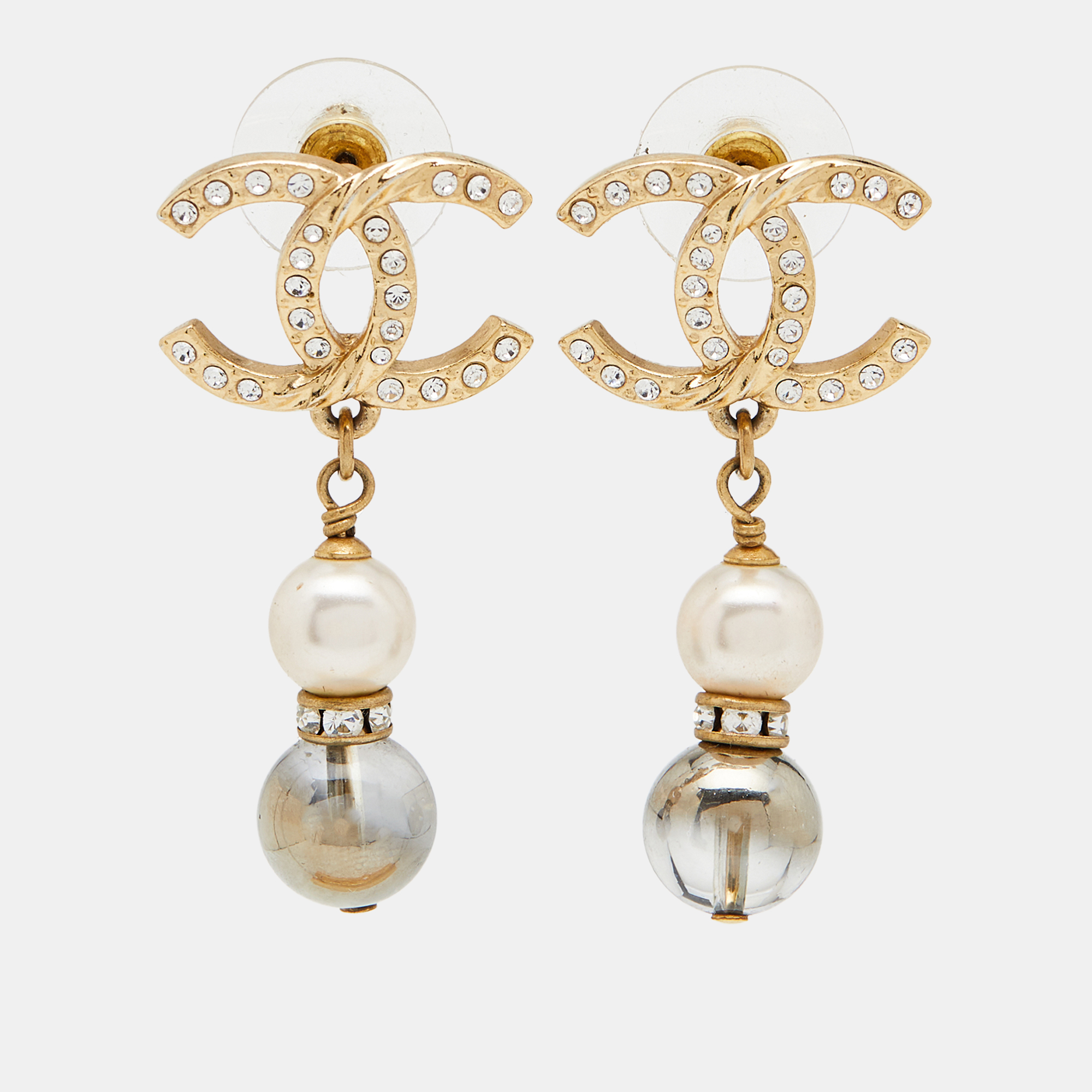 

Chanel CC Faux Pearl Crystal Bead Gold Tone Drop Earrings