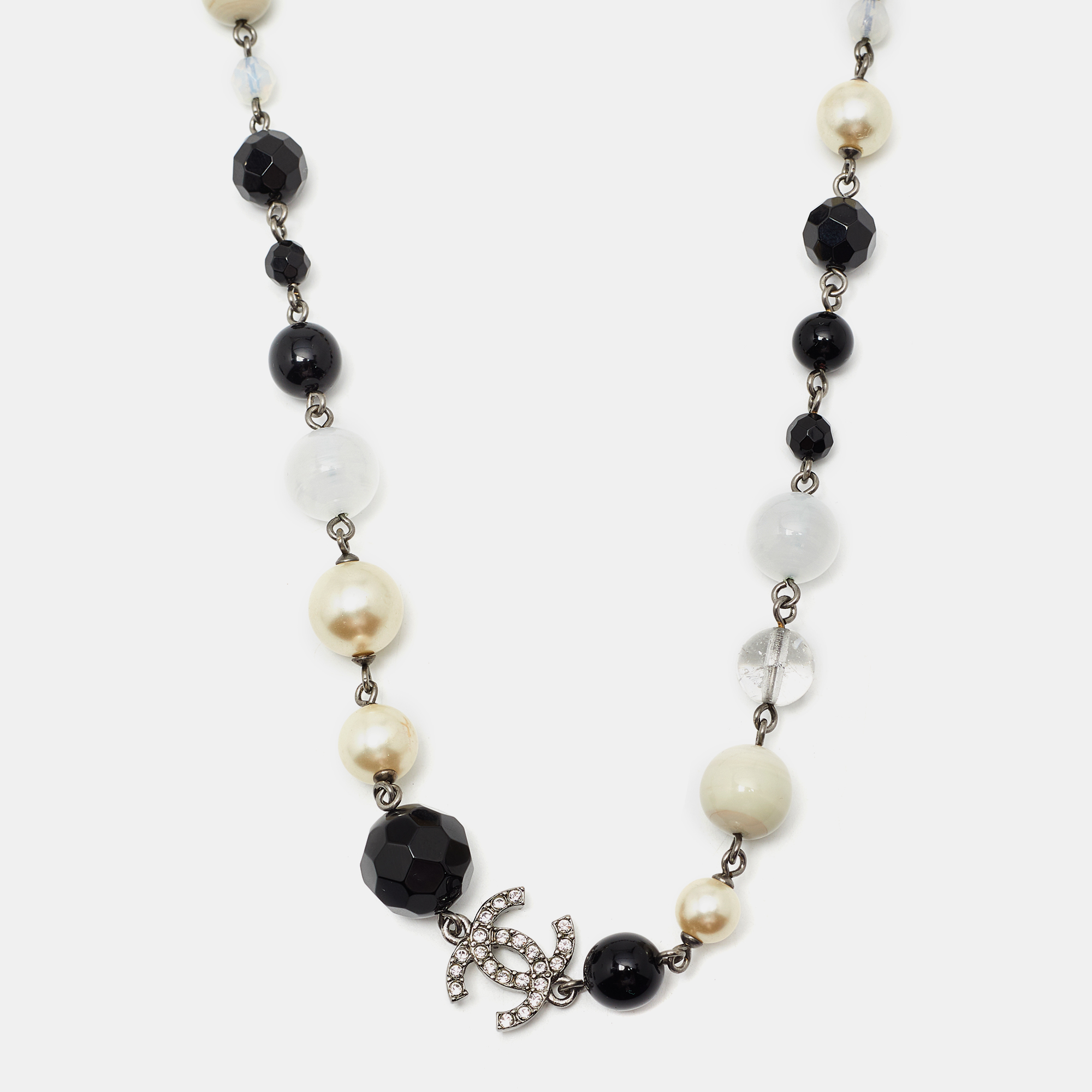 

Chanel CC Beads Crystals Silver Tone Long Necklace