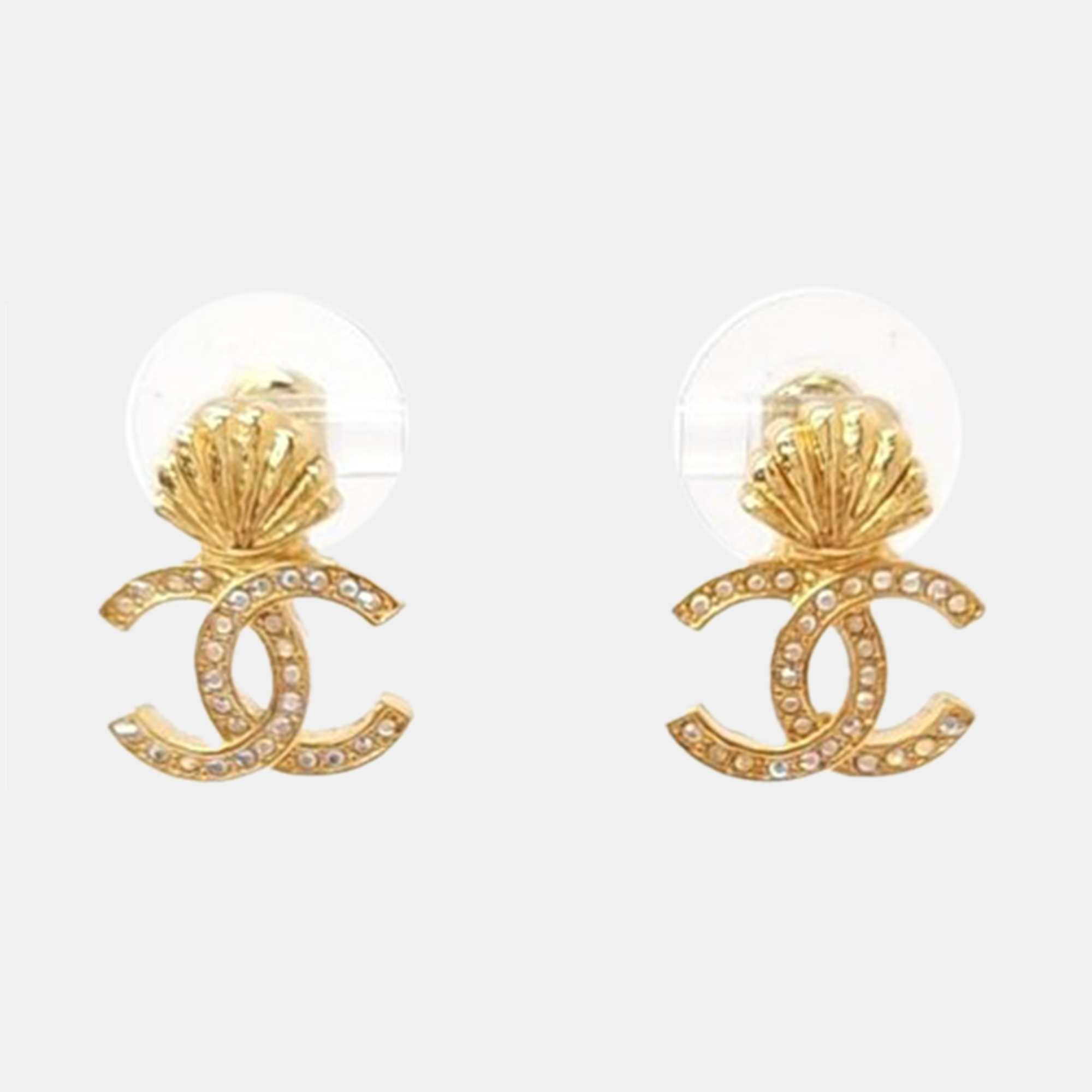 

Chanel Gold Metal and Crystal Seashell CC Earrings