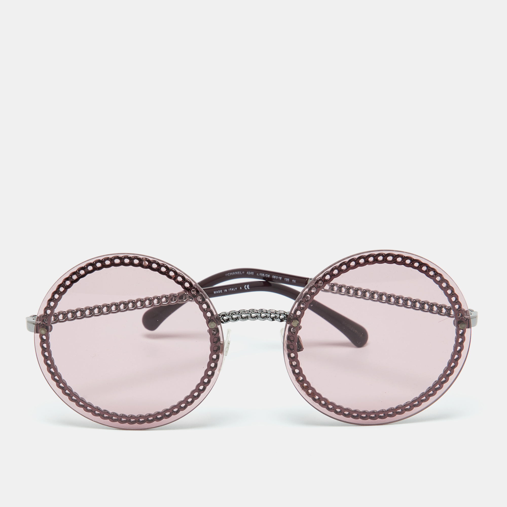 

Chanel Silver Tone/Pink 4245 Chain Detail Round Sunglasses