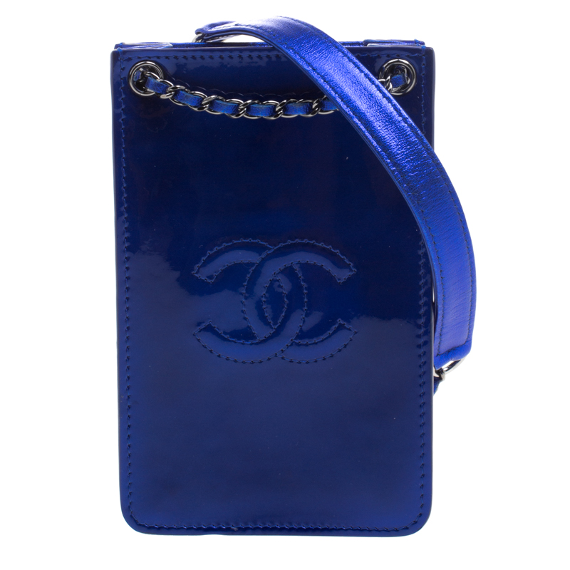 Pre Owned Chanel Metallic Blue Patent Leather Phone Holder with Chain
