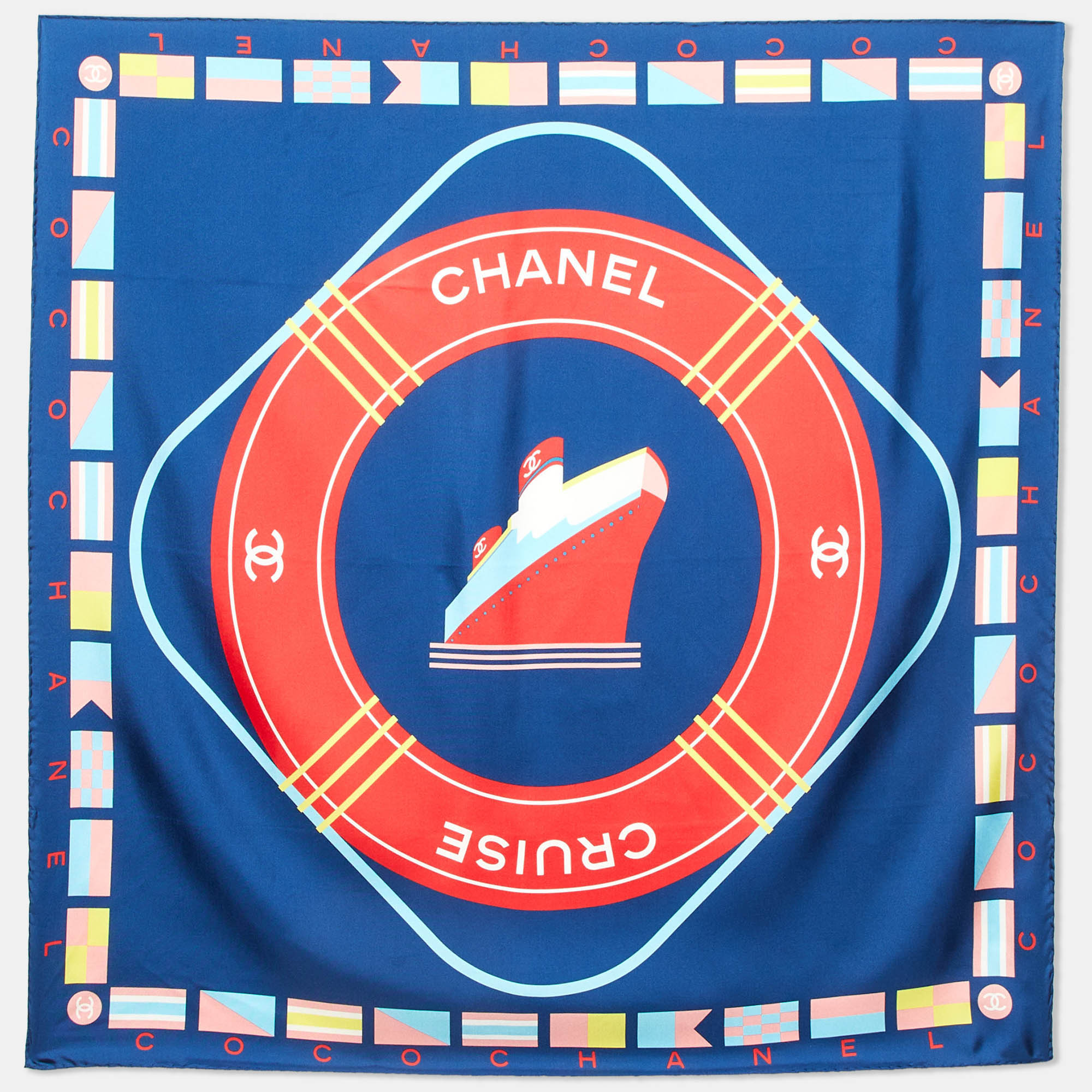 

Chanel Navy Blue Logo Cruise Print Silk Square Scarf