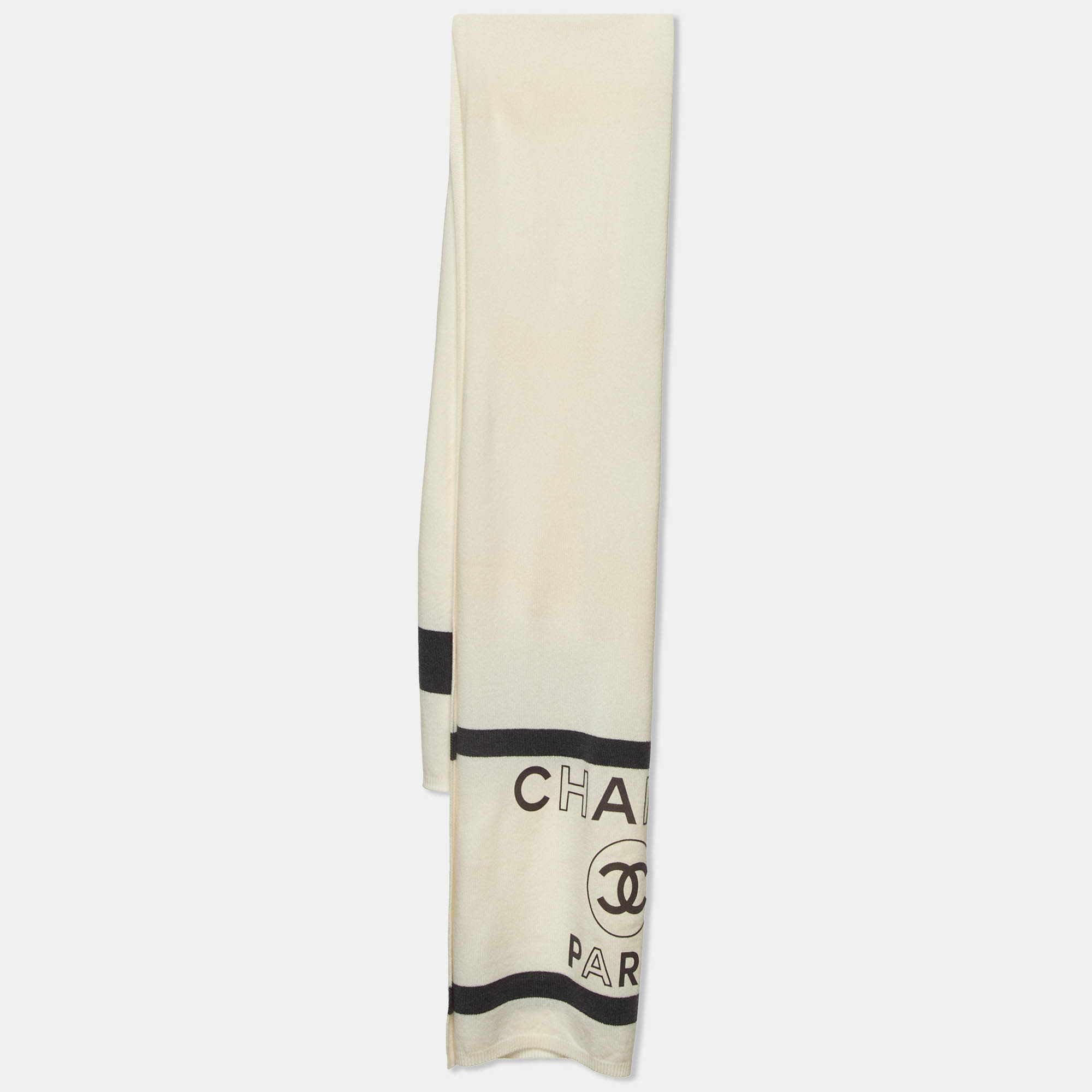 

Chanel Cream/Grey Logo Print Cashmere Knit Stole