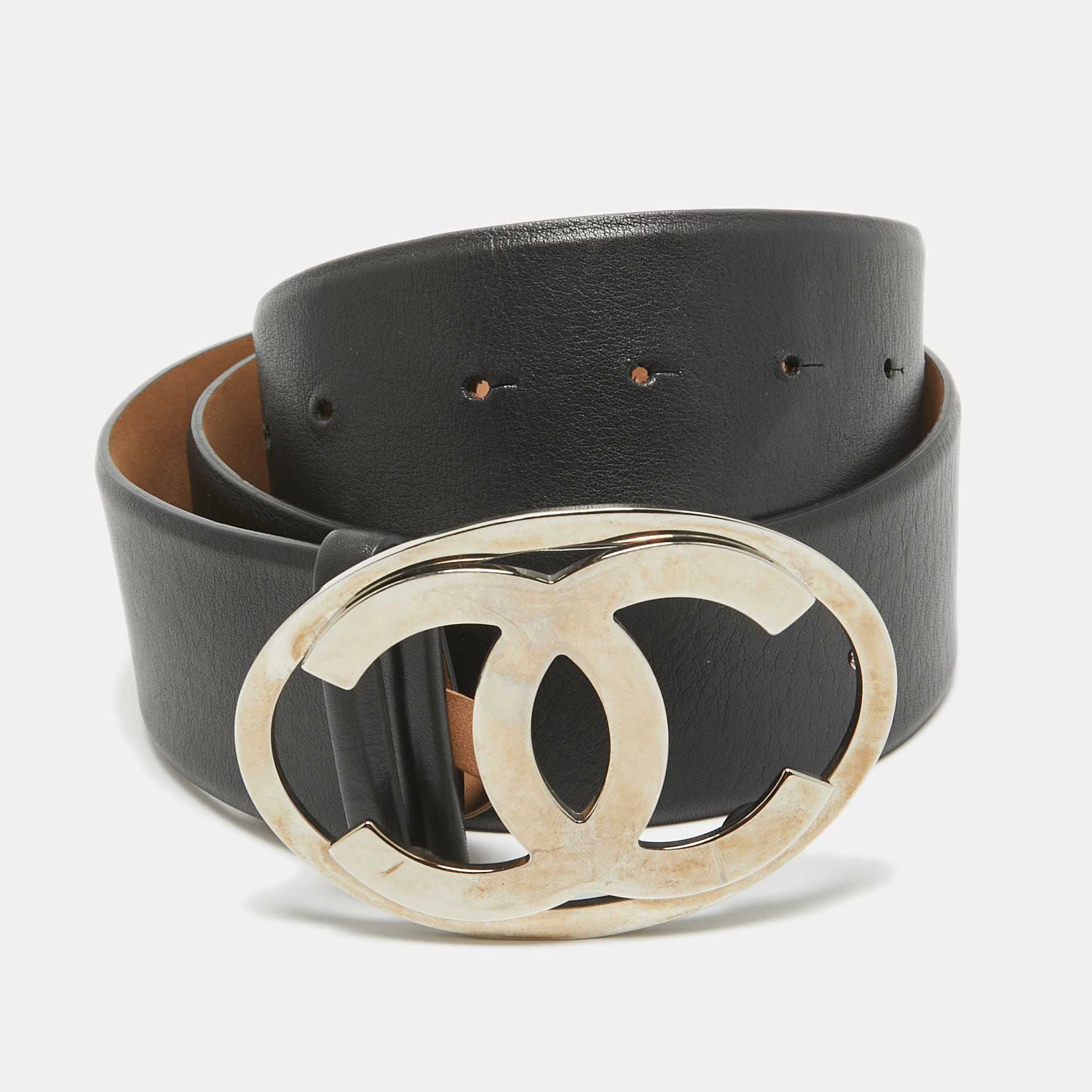 

Chanel Black Leather CC Logo Round Buckle Wide Belt 90CM