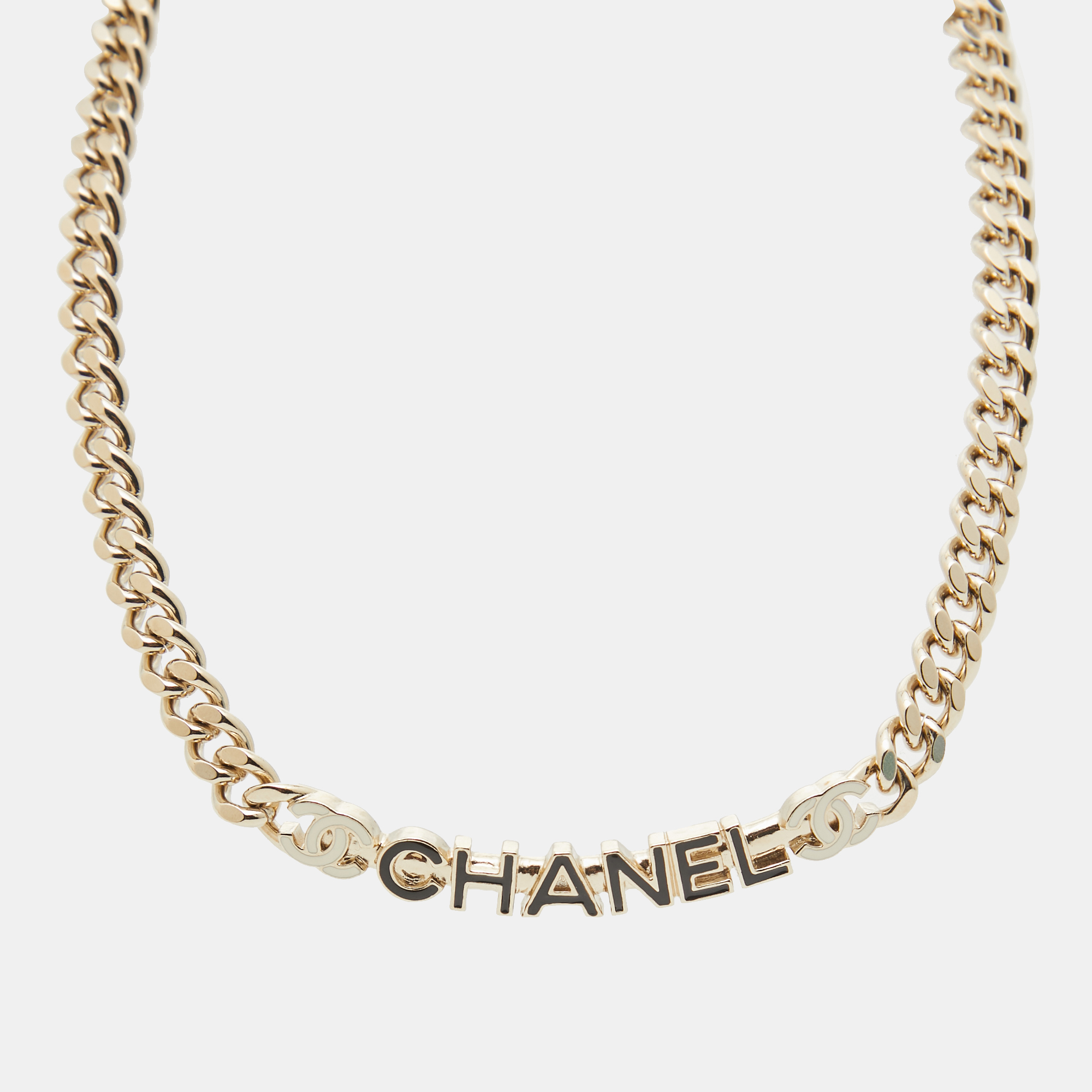 

Chanel CC Logo Enamel Gold Tone Necklace