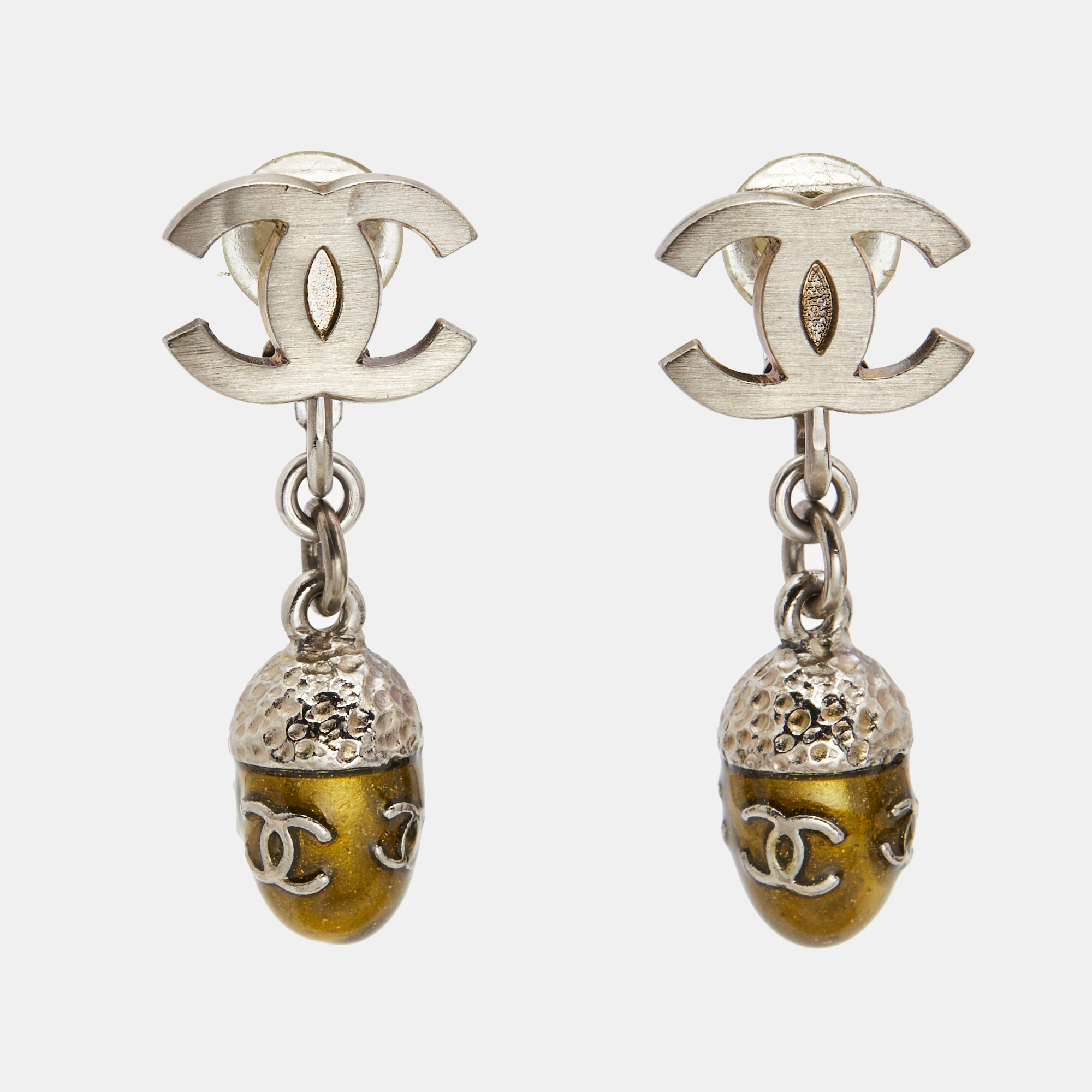 

Chanel CC Enamel Silver Tone Drop Clip On Earrings