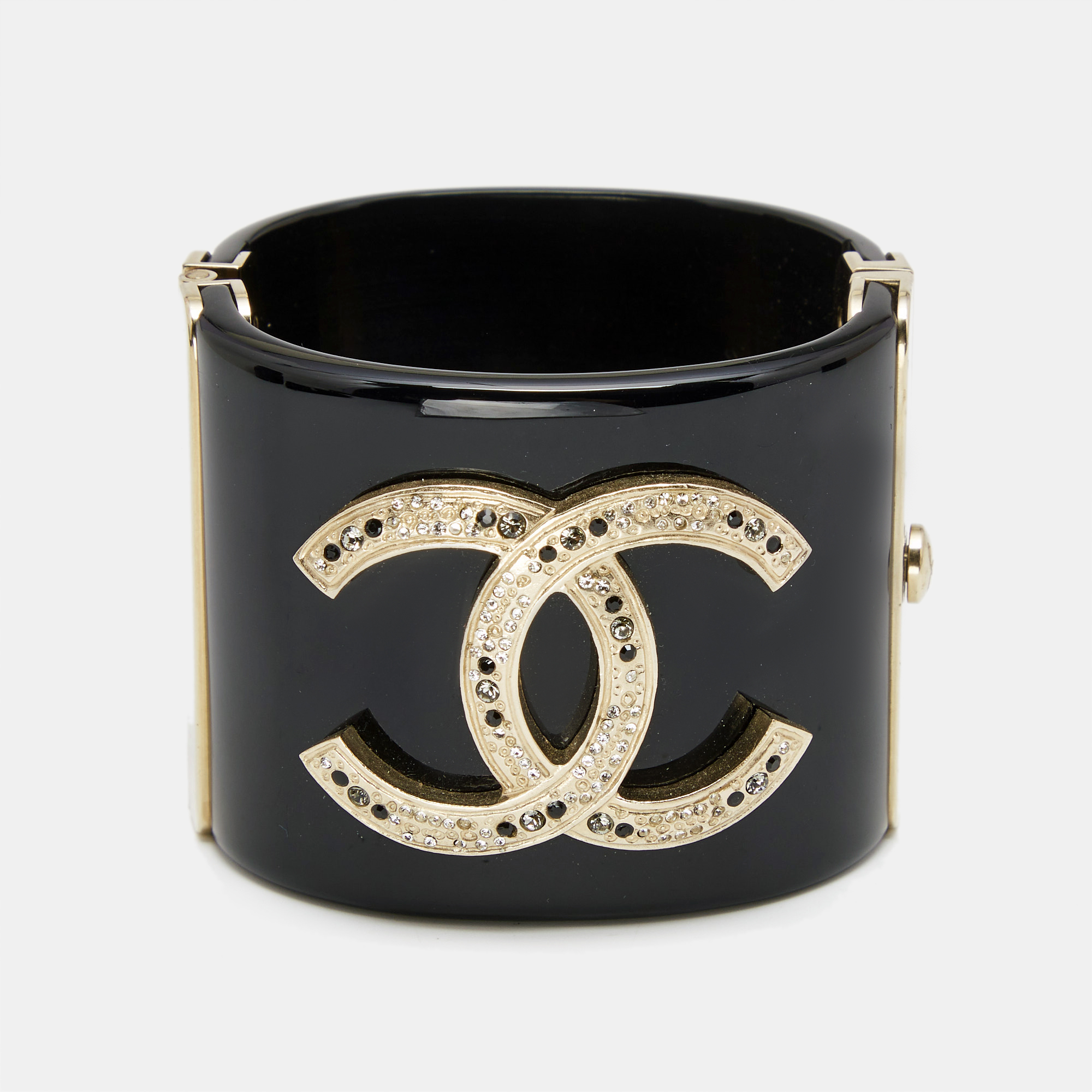 

Chanel CC Resin Crystal Studded Gold Tone Wide Cuff Bracelet