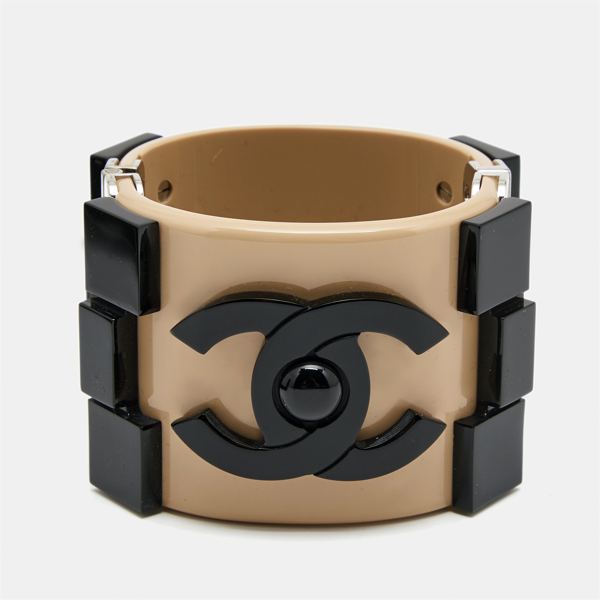 

Chanel CC Mocha and Black Resin Hinged Silver Tone Wide Cuff Bracelet