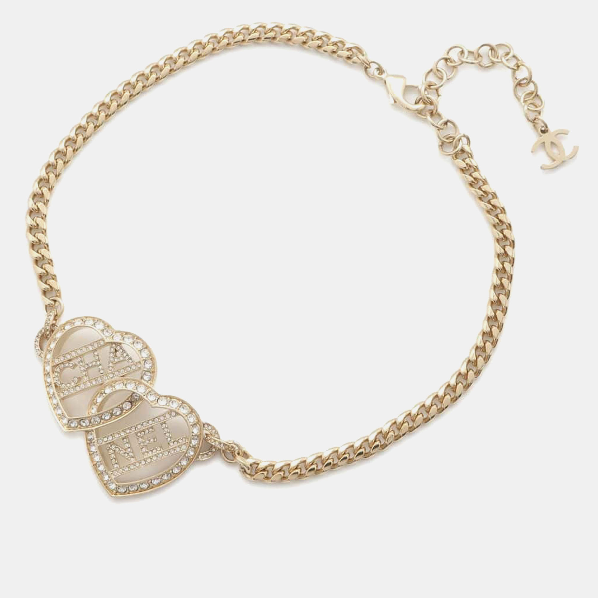 

Chanel Gold Metal Rhinestone Heart Logo Choker Necklace