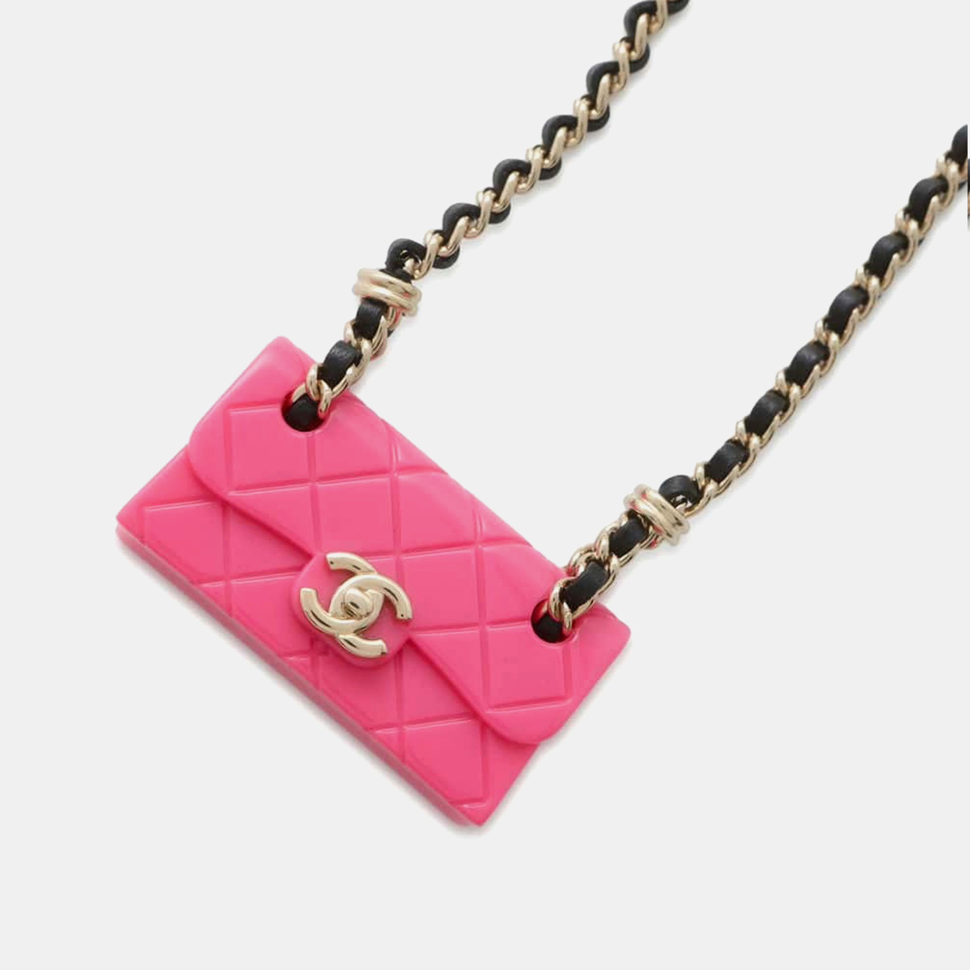 

Chanel Pink Gold Plated Resin Calf Leather Matelasse Bag Charm Necklace