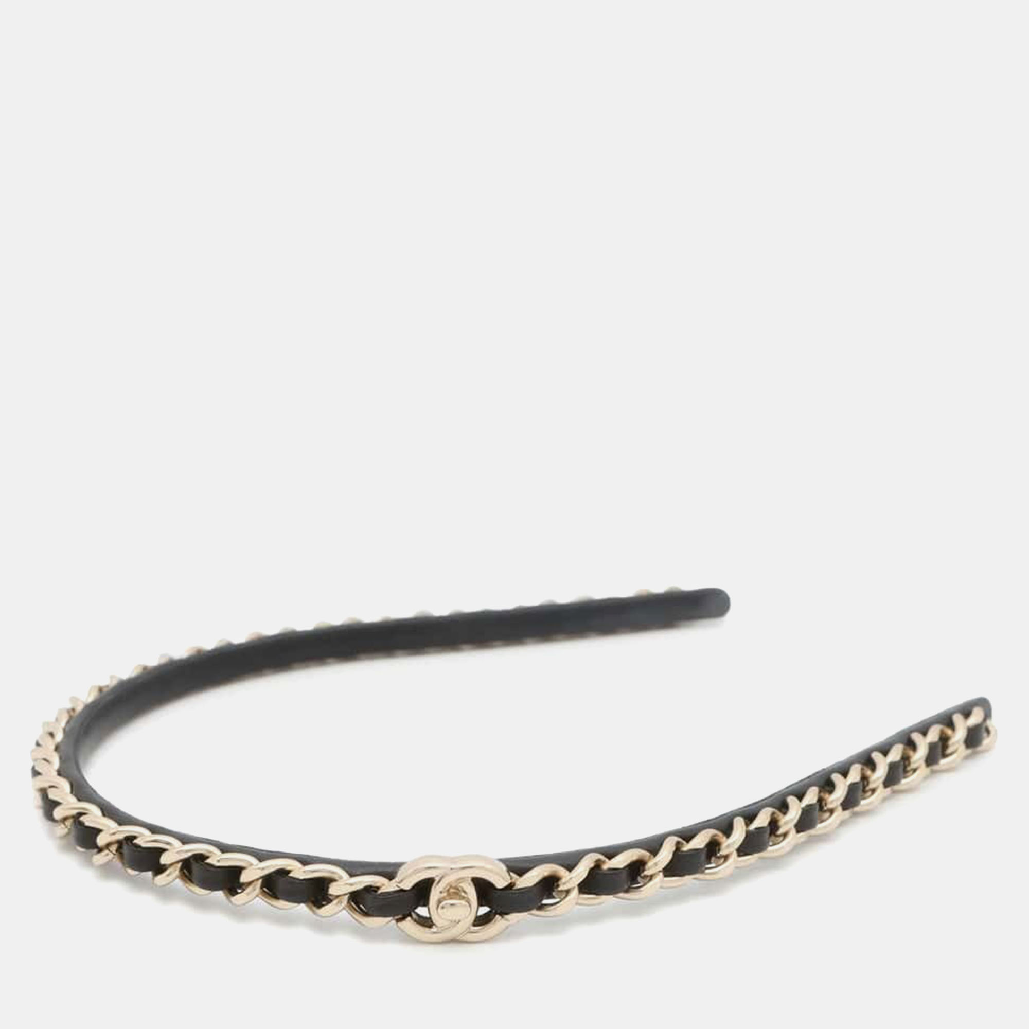 

Chanel Black Leather Metal CC Logo Turnlock Chain Headband