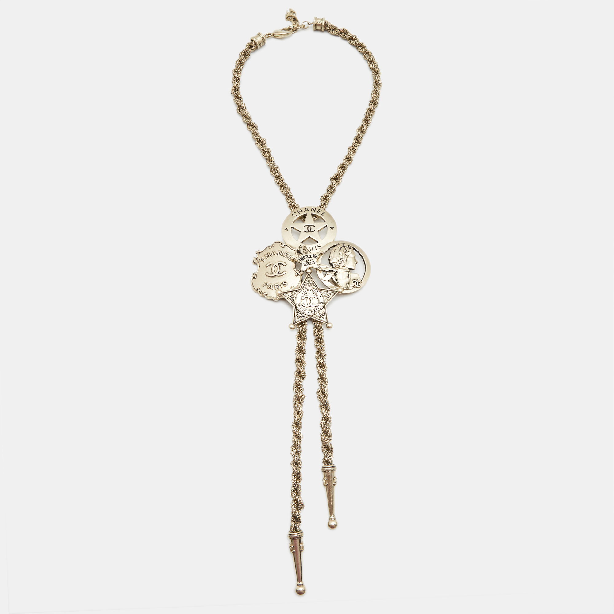 

Chanel CC Paris-Dallas Sheriff Star Gold Tone Bolo Necklace