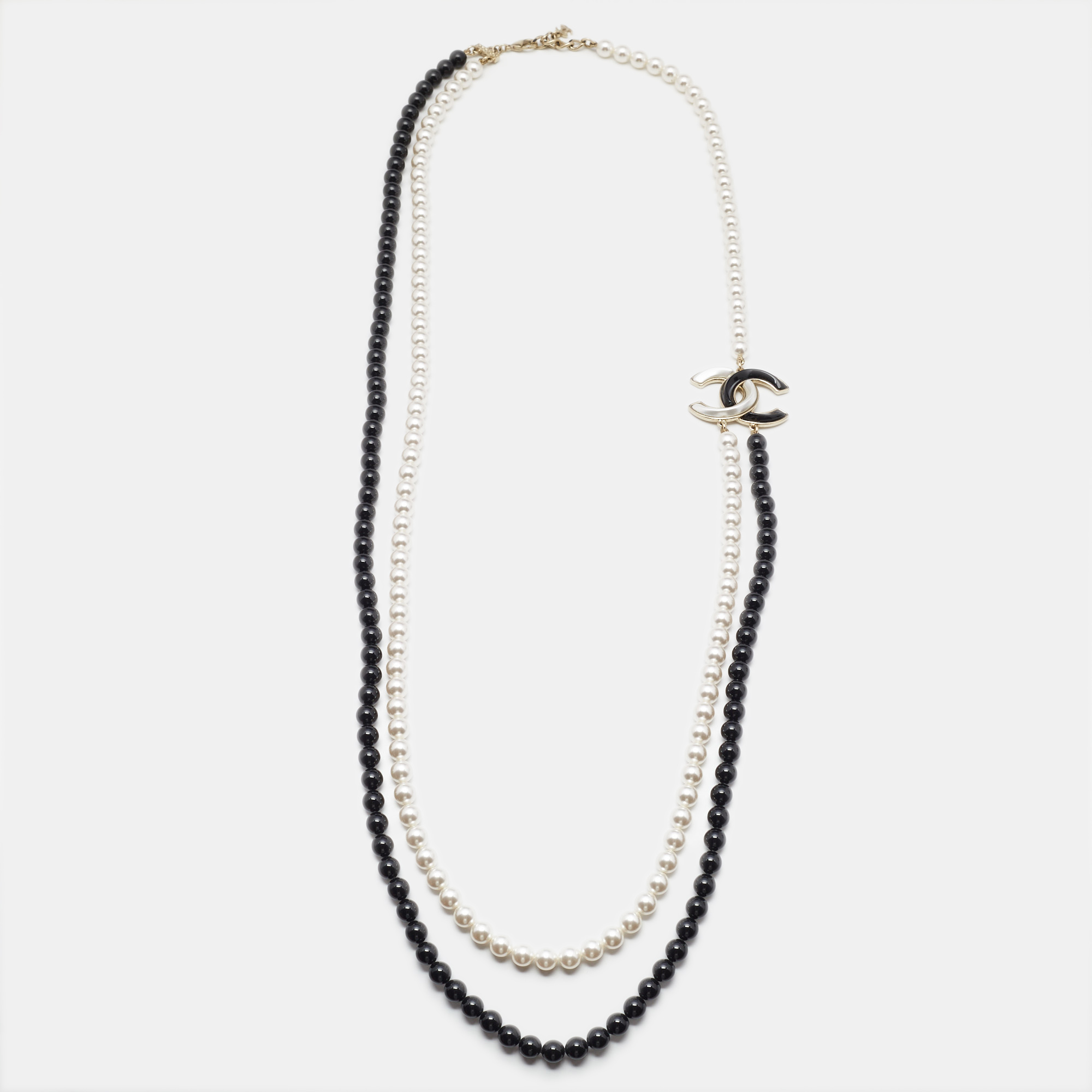 

Chanel CC Faux Pearl Black Beaded Resin Gold Tone Long Necklace