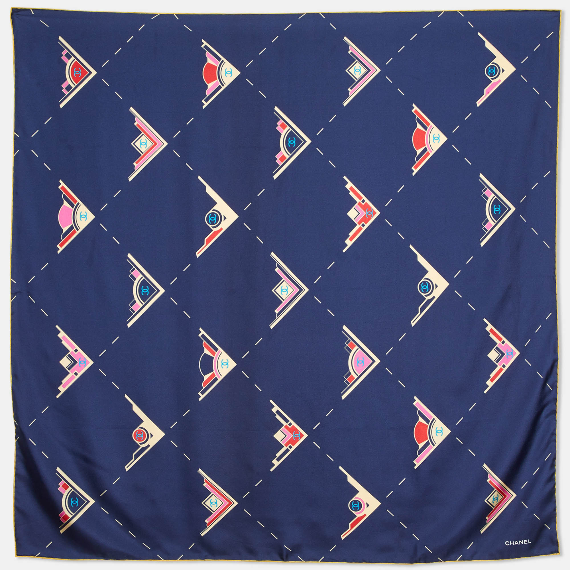 Pre-owned Chanel Navy Blue Cc Geometric Print Silk Scarf