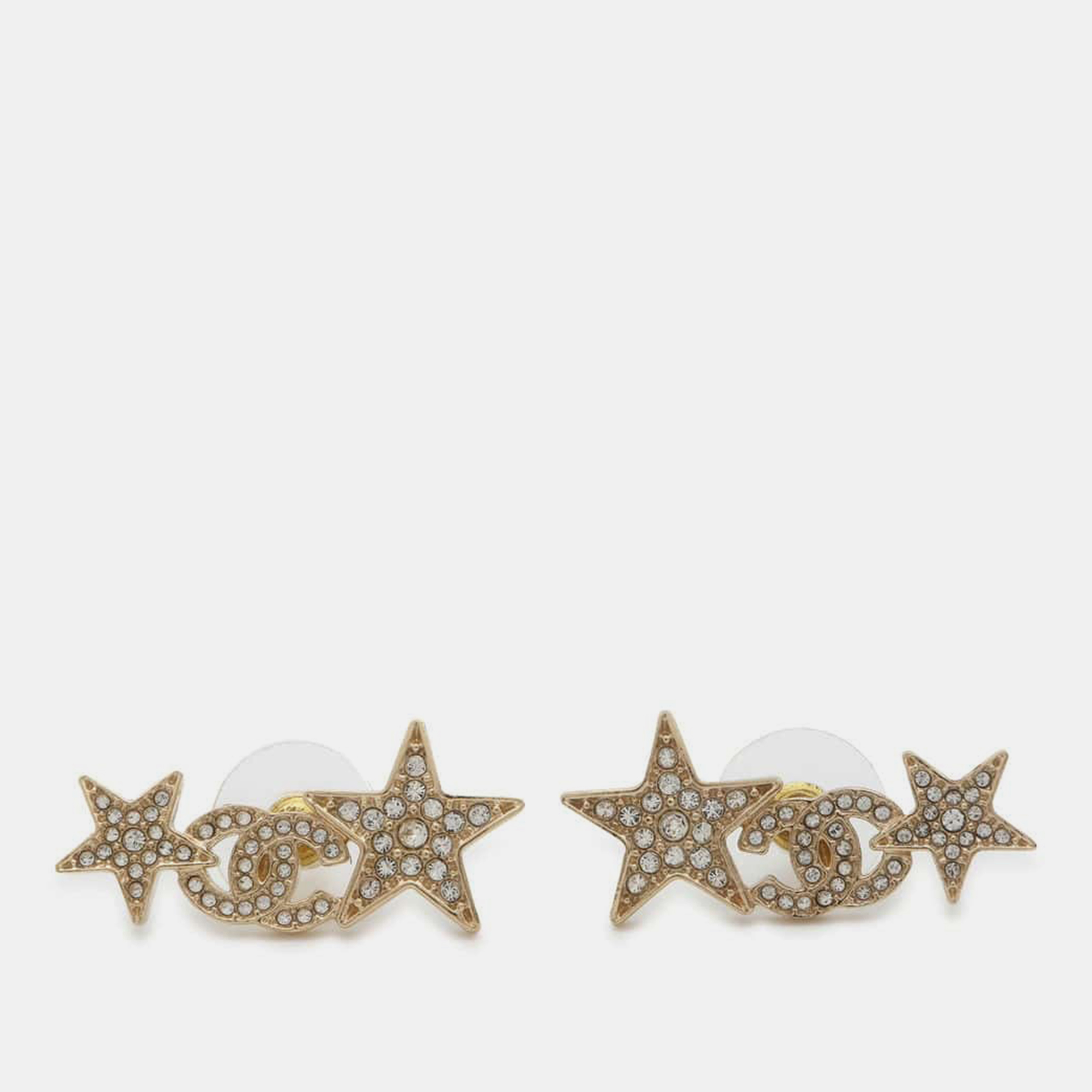 

Chanel Champagne Gold Metal Rhinestone CC Logo Star Earring