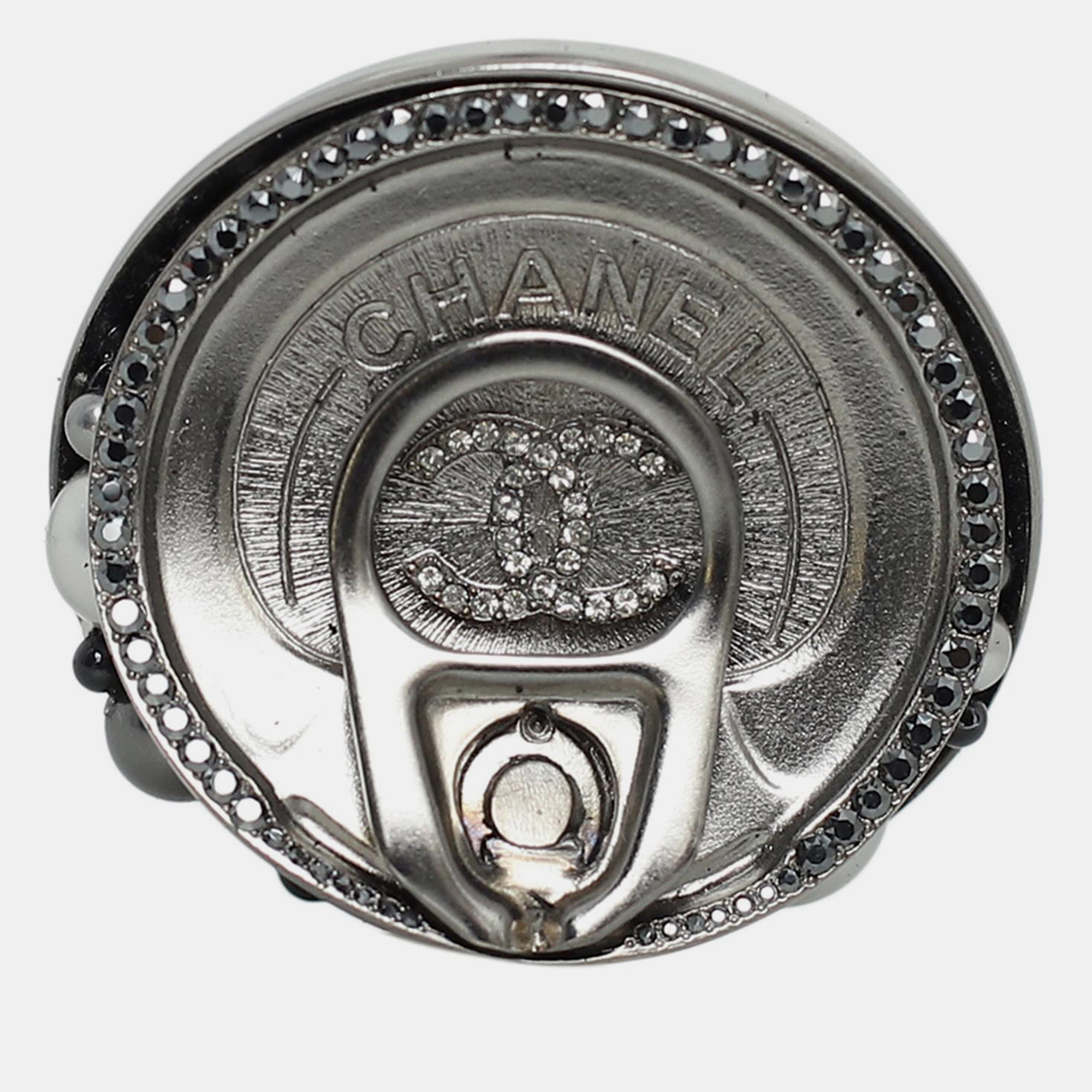 

Chanel Silver/ Black CC Tin Can Brooch