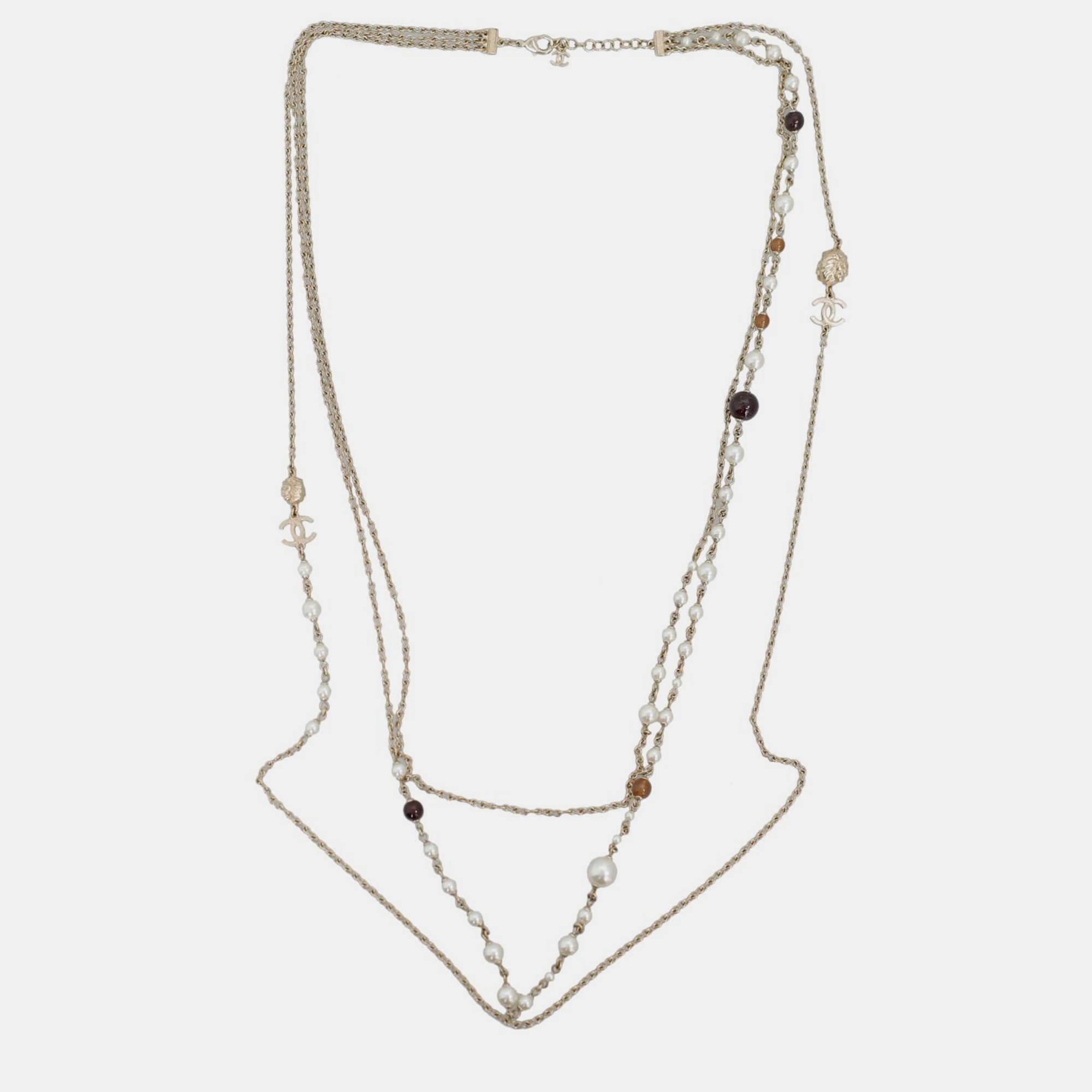 

Chanel Silver Maroon Long Layered Pearl Necklace