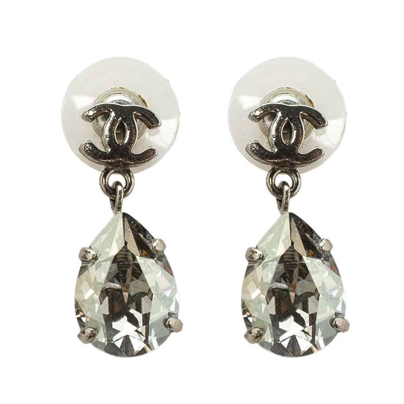 Chanel CC Crystal Silver Tone Teardrop Earrings