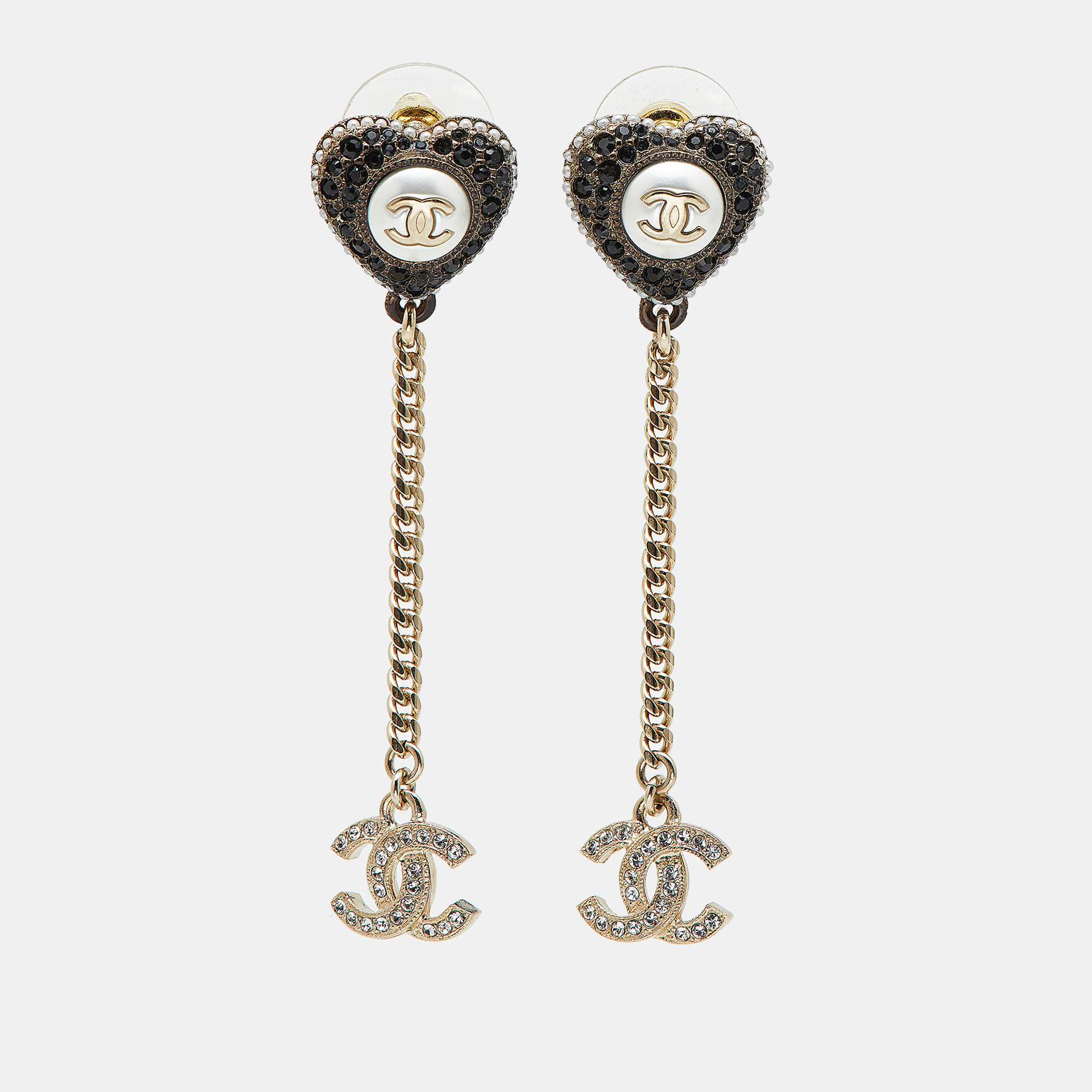 

Chanel CC Heart Crystals Faux Pearl Gold Tone Drop Earrings